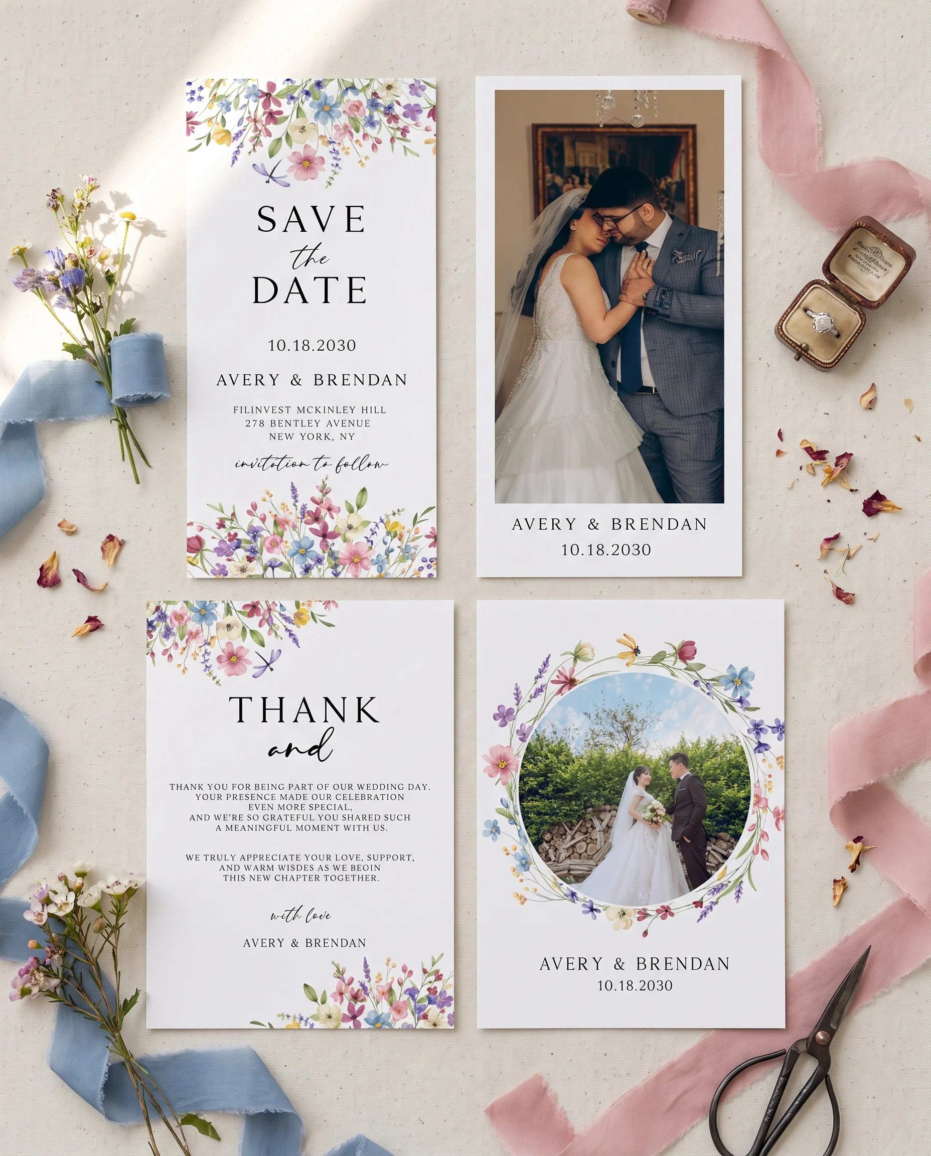 Meadowlark wedding invitation set — Save the date and thank you card shown in a flat lay, wedding invitation templates