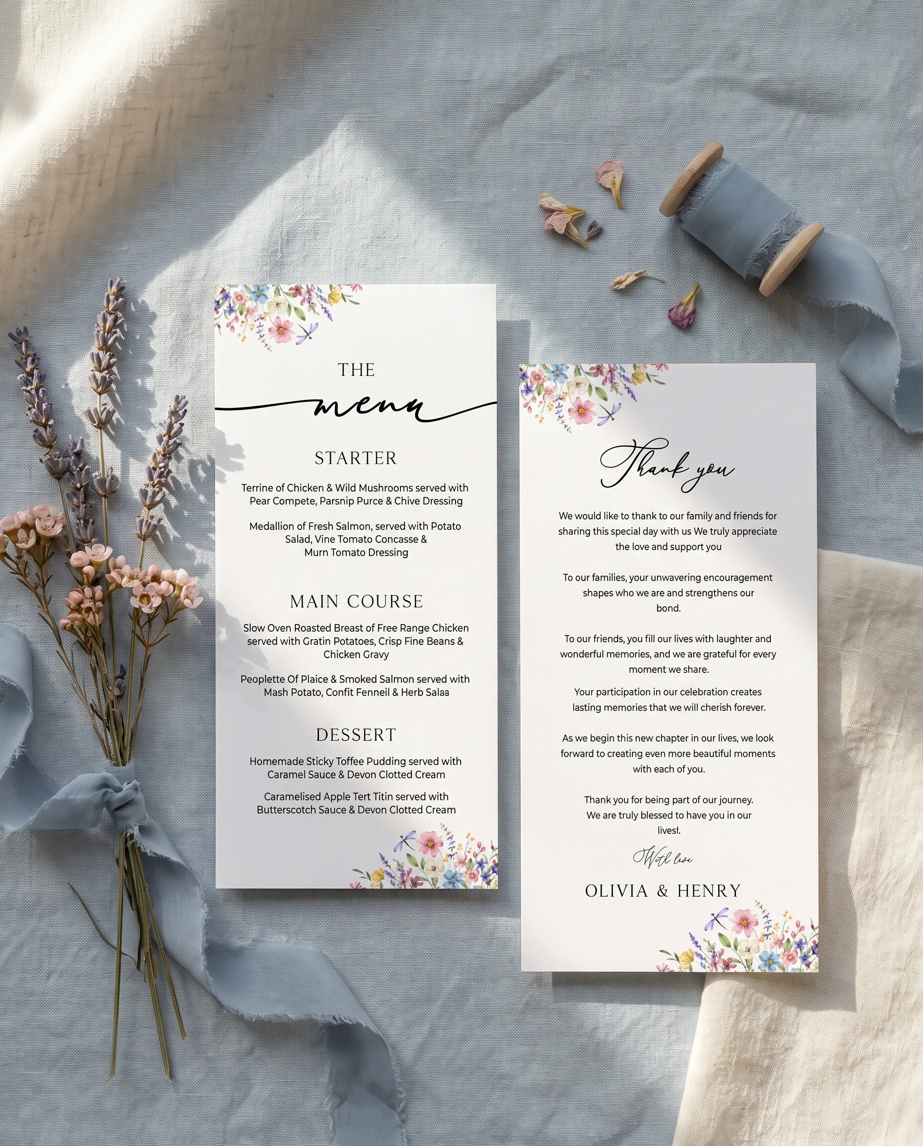 Meadowlark wedding menu — menu pages laid flat under soft natural light with a slight overhead angle, wedding menu.