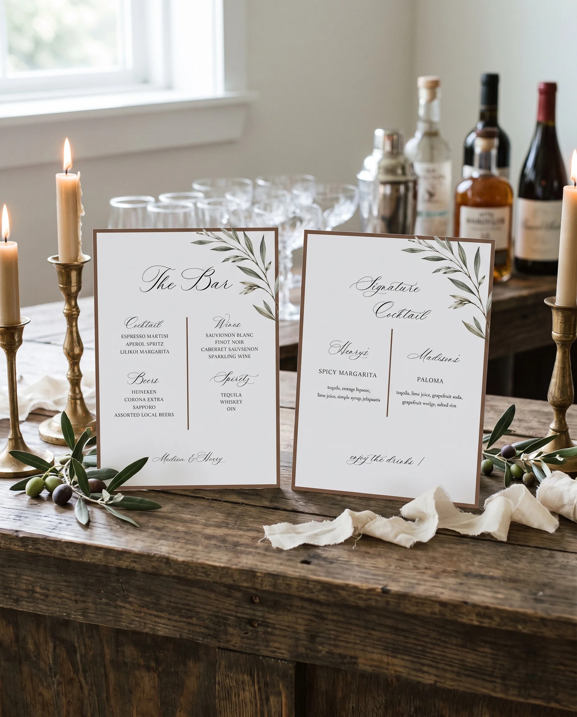Olive Arc — two bar menu pages displayed on a drinks station under soft natural light, bar menu template