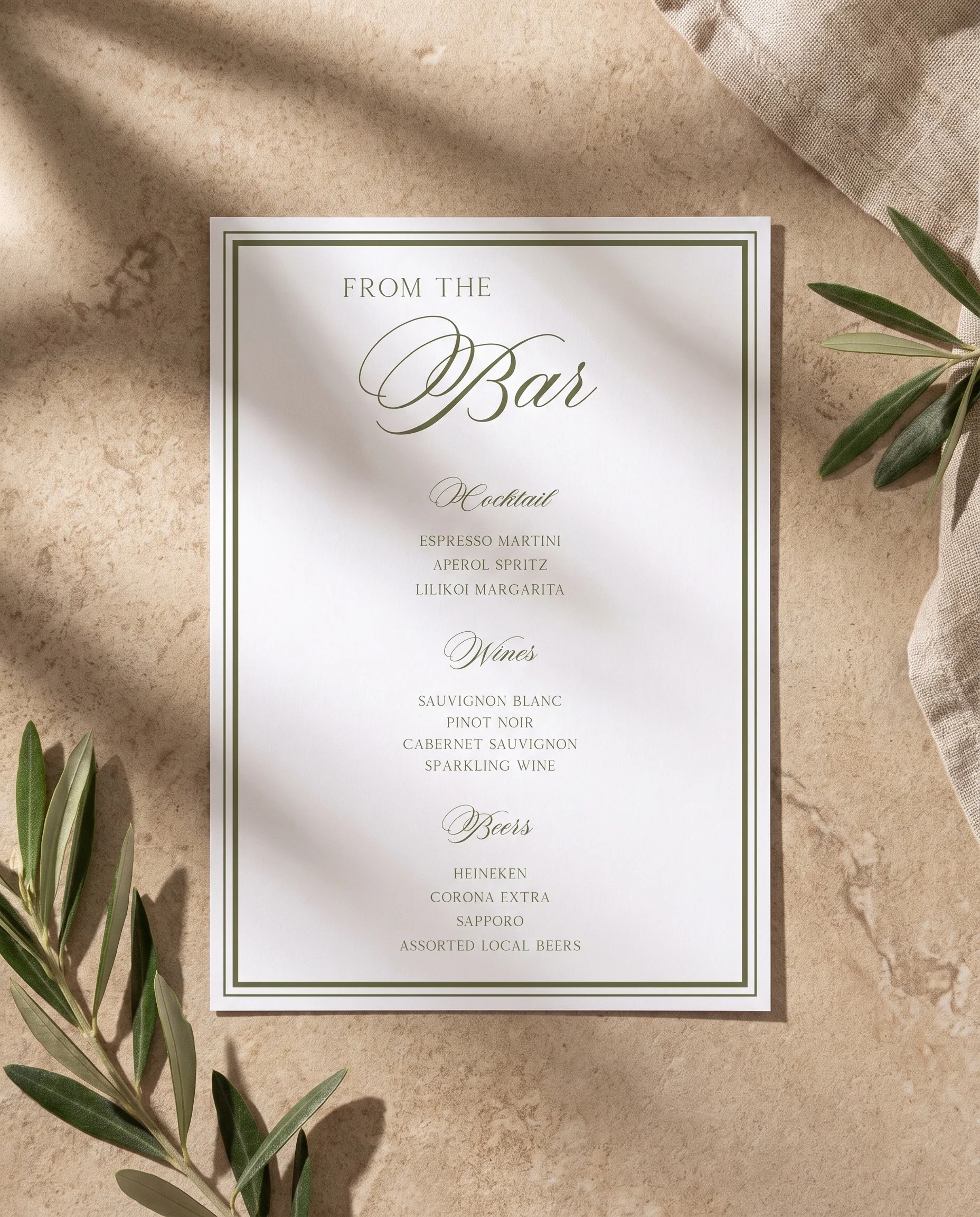 Olive Script — Bar Menu