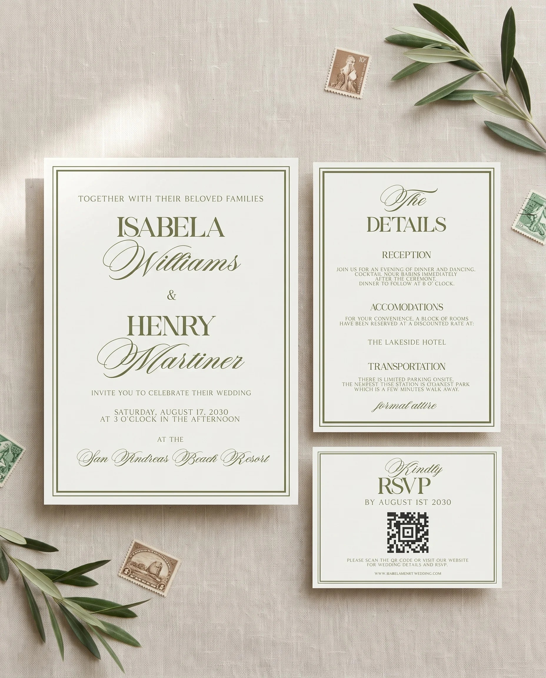 Olive Script wedding invitation set — invitation, details card, and RSVP card, printable wedding stationery template