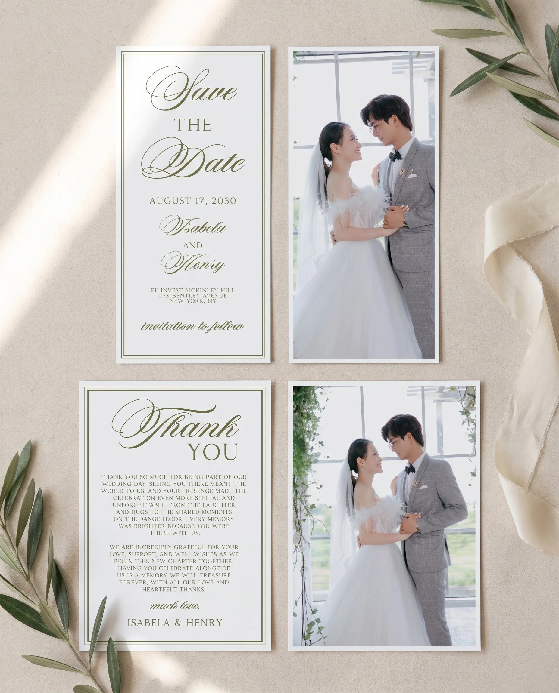 Olive Script wedding invitation set — invitation, details card, RSVP card, and thank you card, printable wedding stationery template