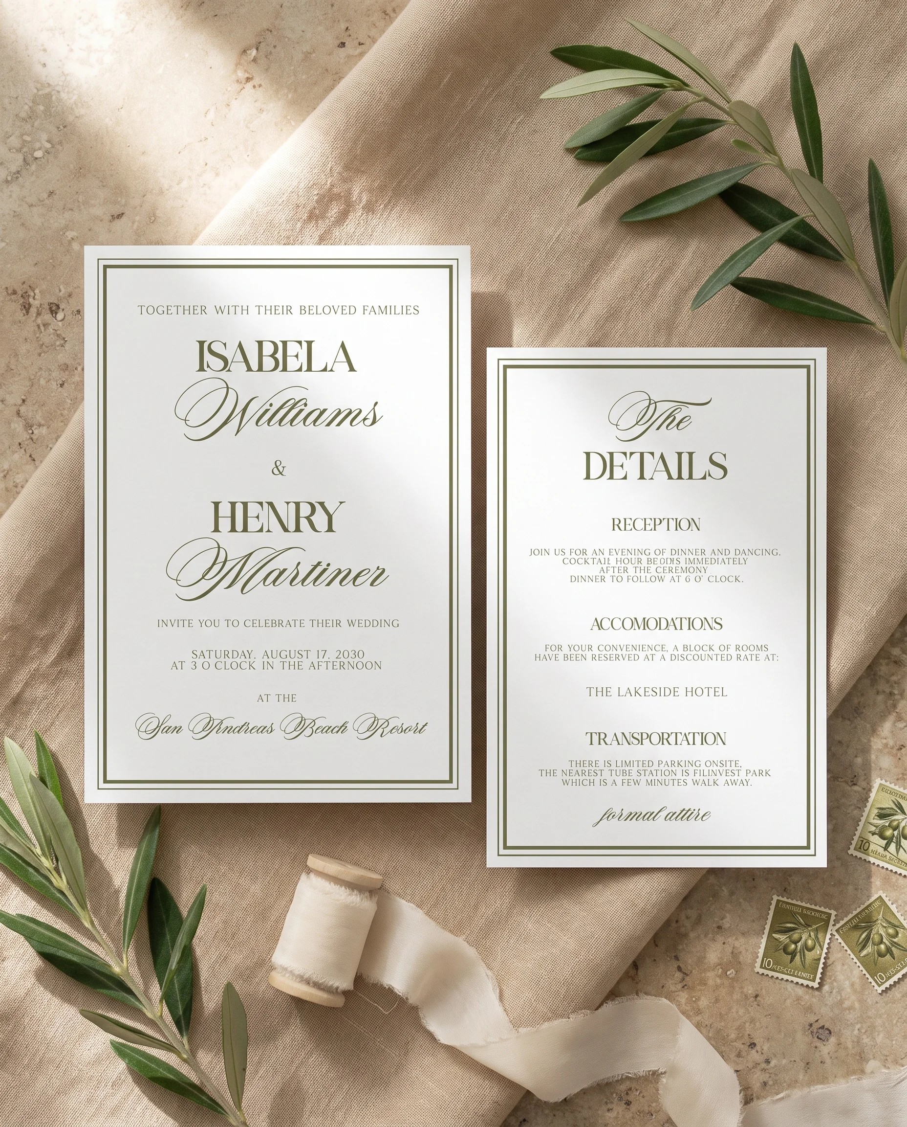 Olive Script wedding invitation suite — invitation and details card arranged together in a flat lay, wedding details card.