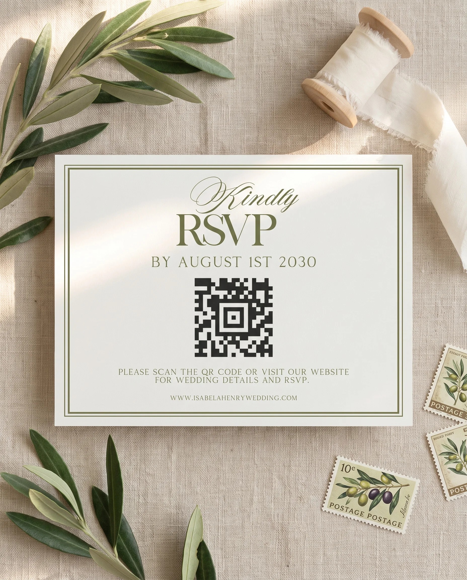 Olive Script wedding invitation suite — RSVP card shown in a flat lay, wedding RSVP cards.