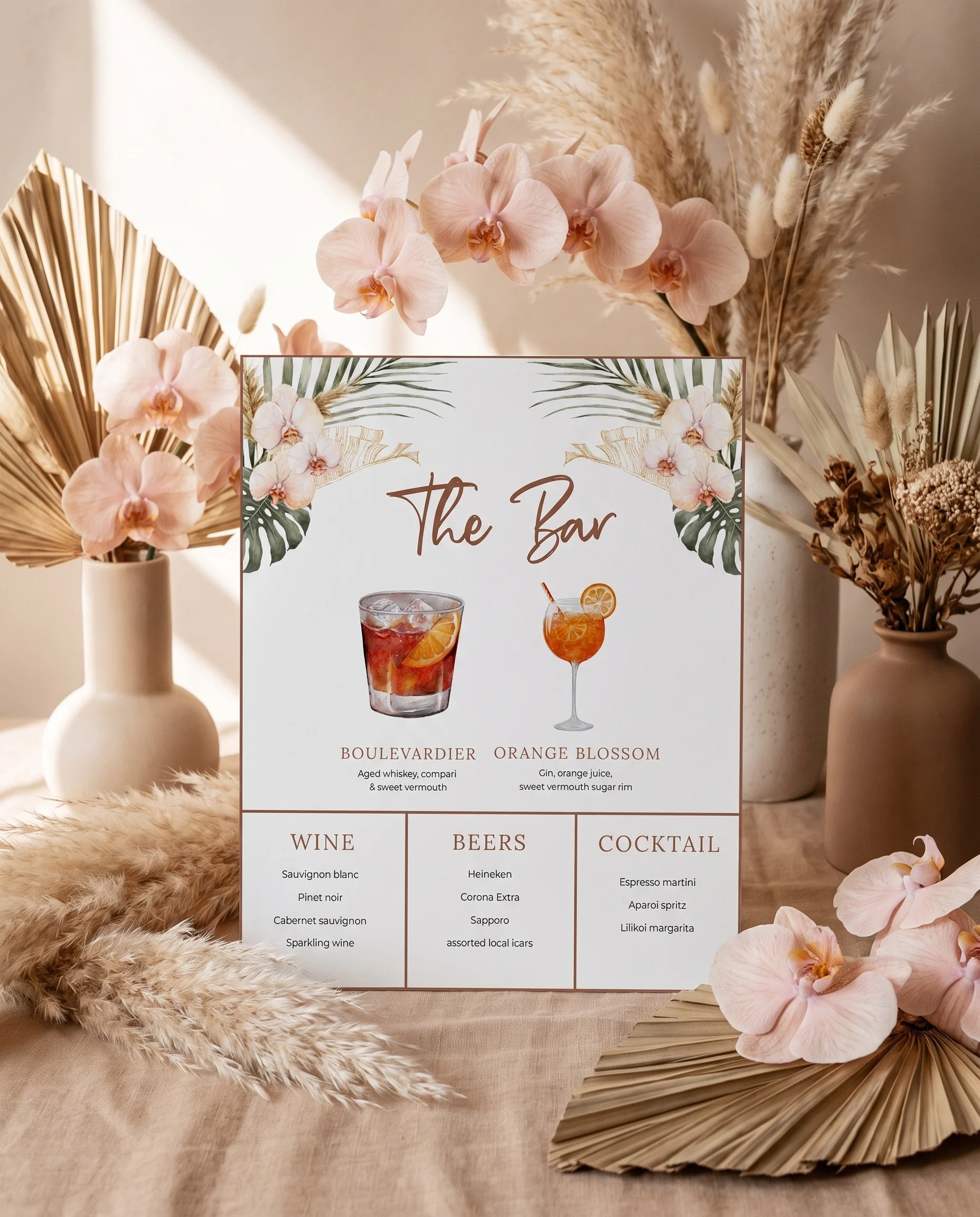 Palm Orchid — bar menu page displayed upright in a styled setting under soft natural light, wedding bar sign.