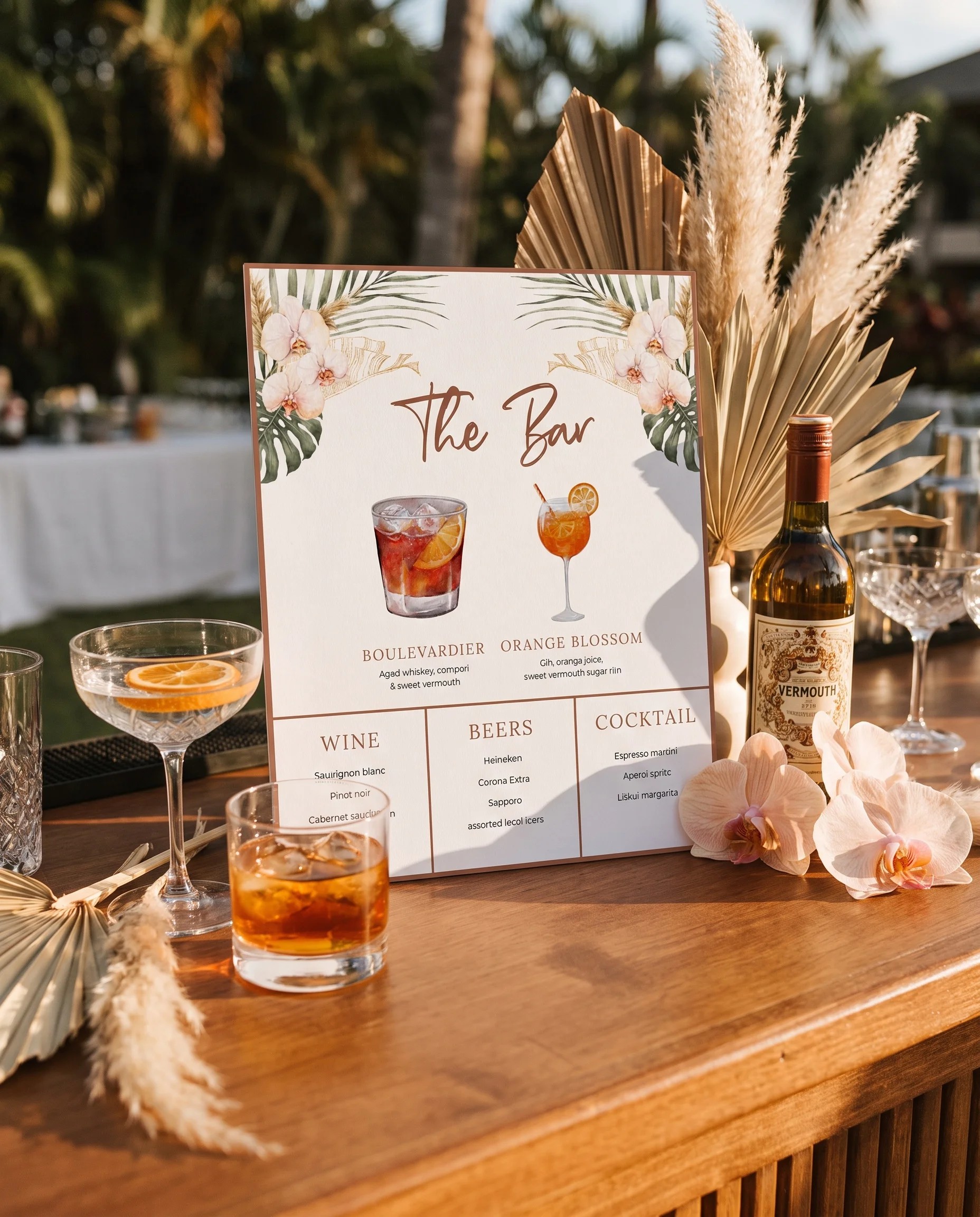 Palm Orchid — bar menu page displayed on a drinks station under soft natural light with a slight overhead angle, bar menu template.