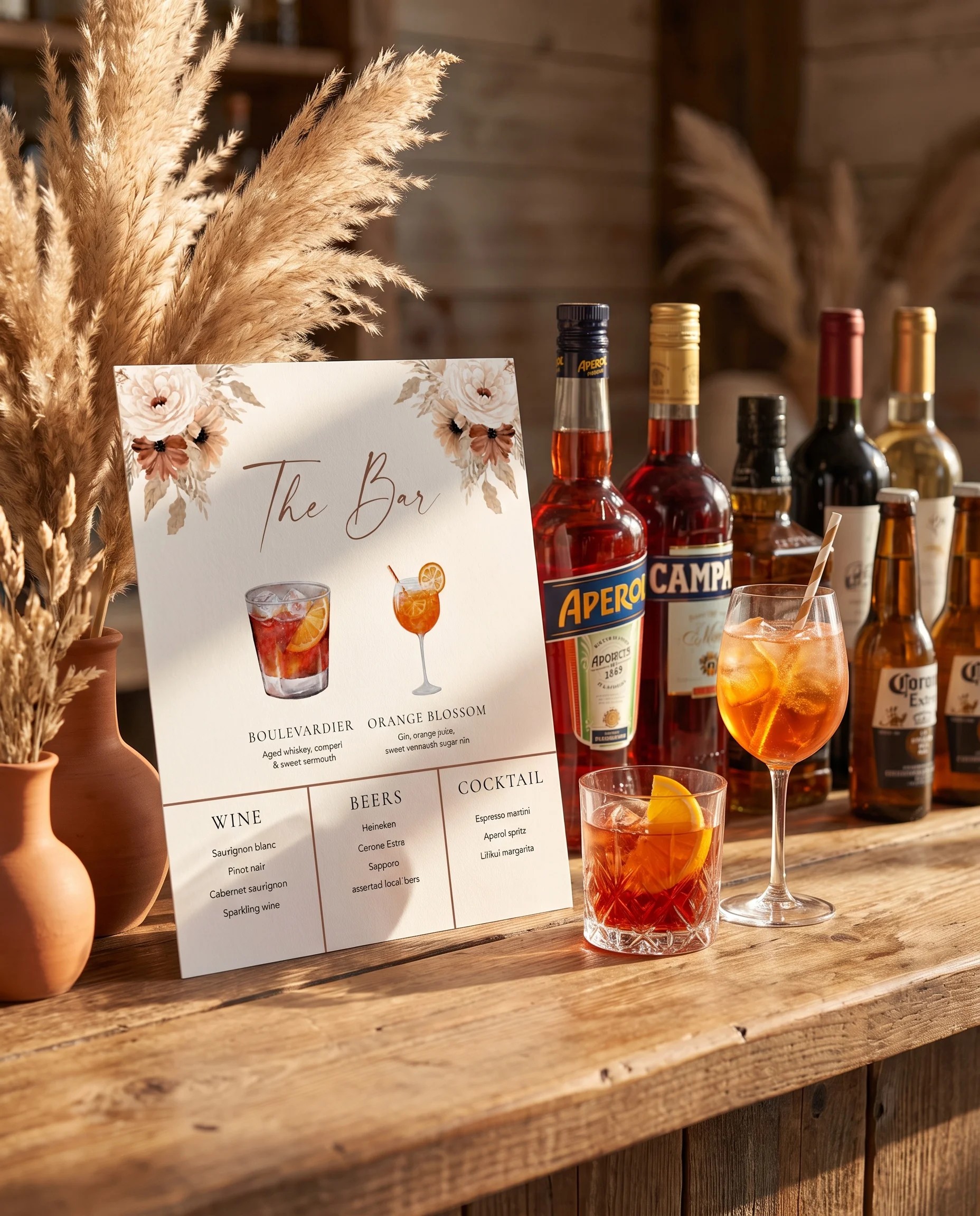 Pampas Bloom — single page bar menu on a drinks station, softly lit with a slight overhead angle, bar menu template.