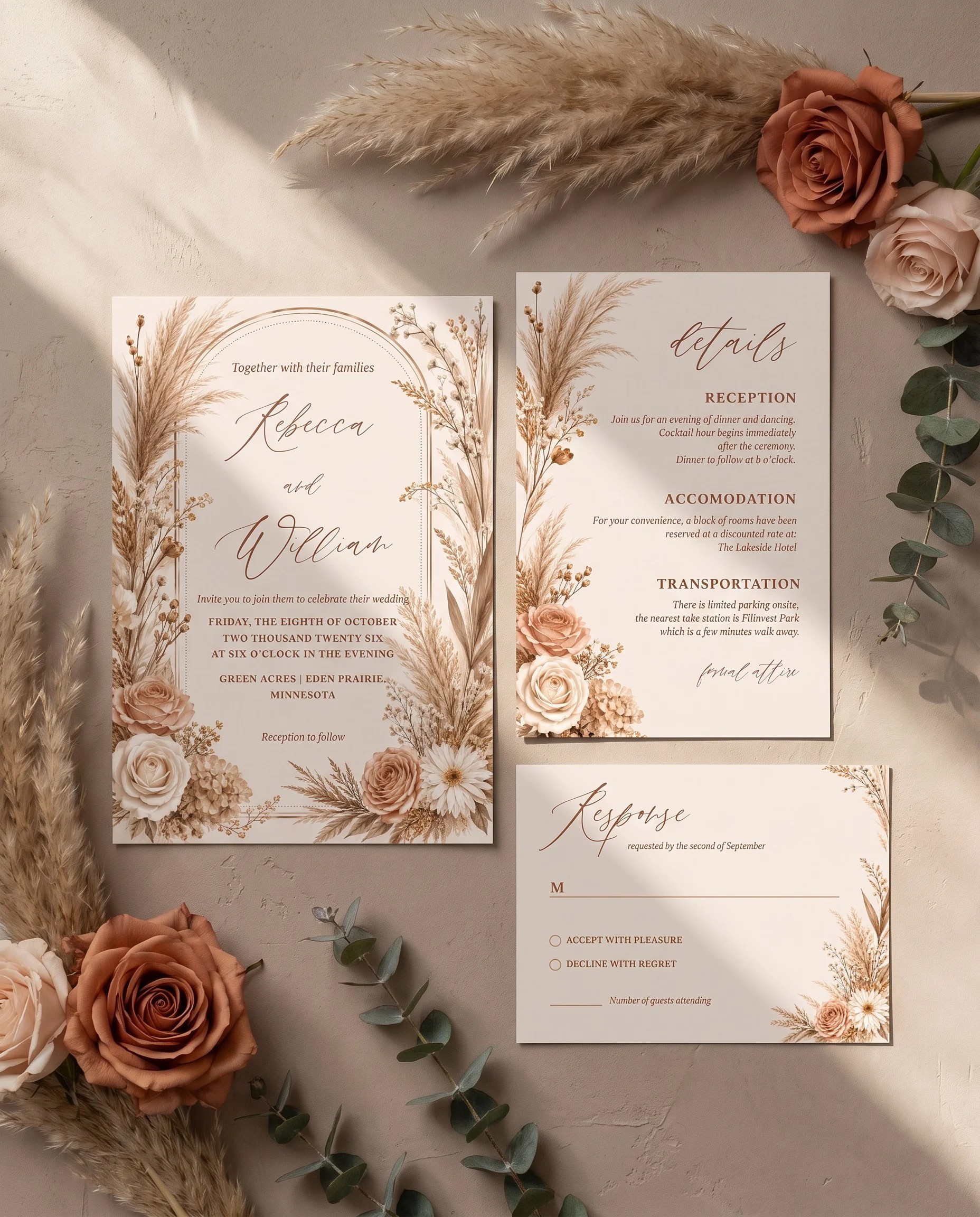 Pampas Hush wedding invitation suite — invitation, details card and RSVP shown in a flat lay, wedding invitation templates.