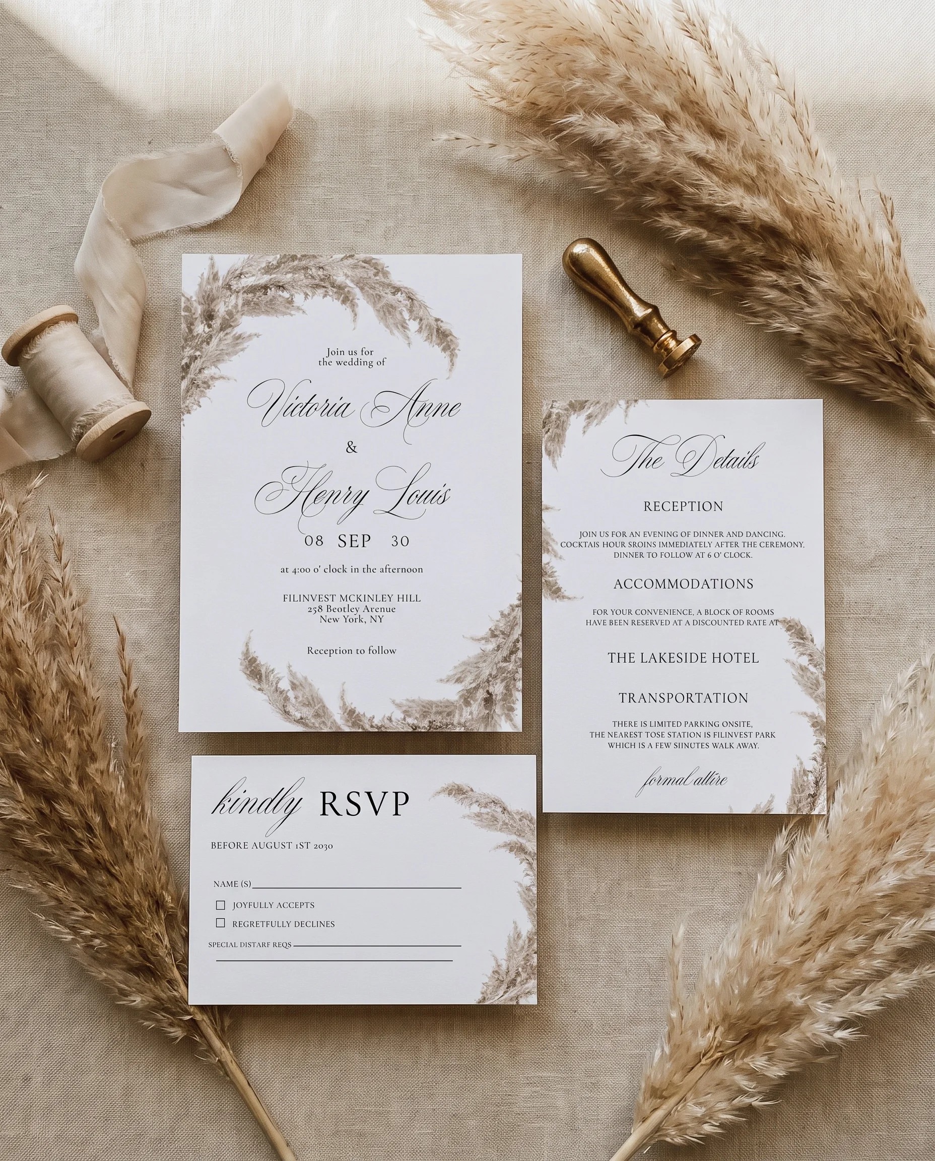 Pampas wedding invitation set — invitation, details card and RSVP arranged in a flat lay under soft natural light, printable wedding invitations.