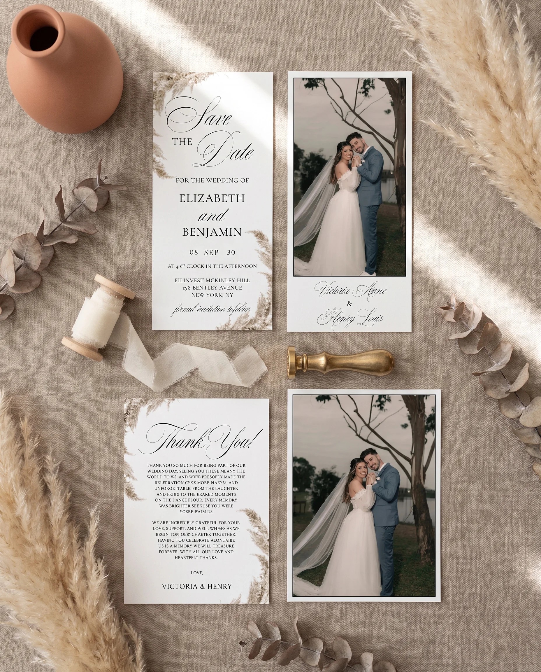 Pampas wedding invitation set — save the date and thank you card shown side by side in a flat lay, wedding invitation templates.