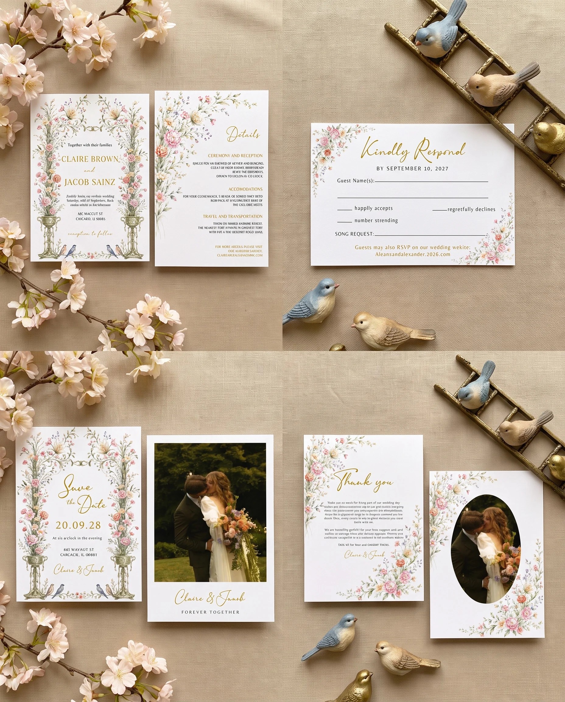 Petal Arbor wedding invitation set — Invitation, details card, RSVP, save the date and thank you card shown in a flat lay, wedding invitation suite