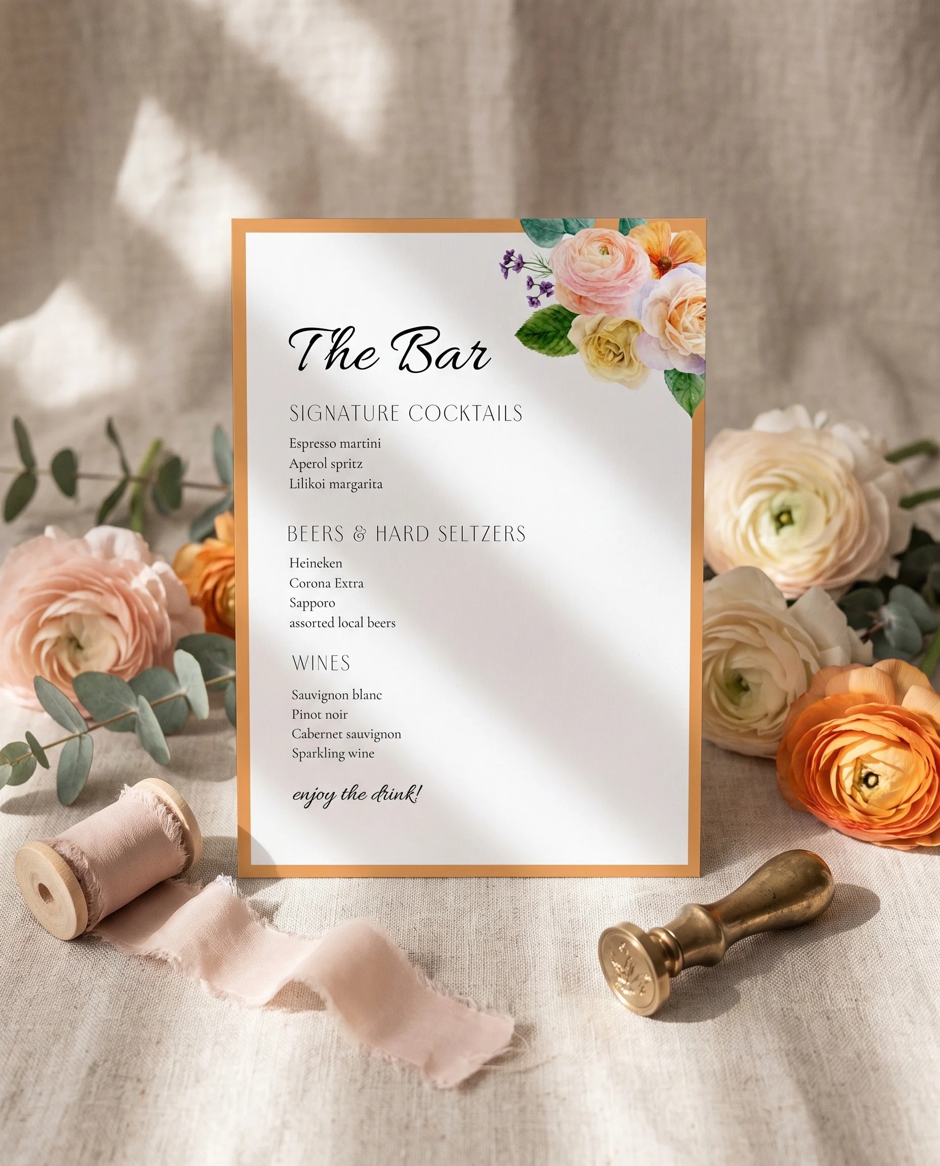 Petal Glade — bar menu page displayed upright under soft natural light with a slight overhead angle, wedding bar sign.