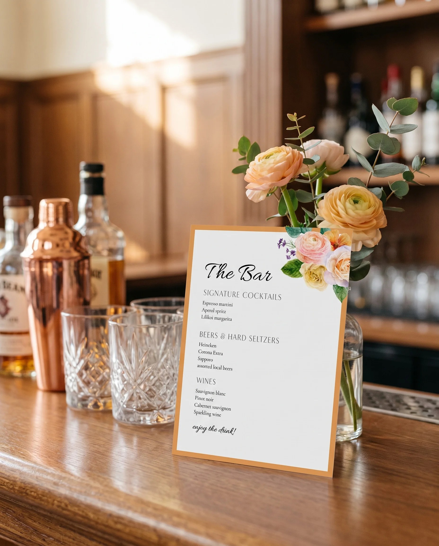 Petal Glade — bar menu displayed on a drinks station under soft natural light with a slight overhead angle, bar menu template