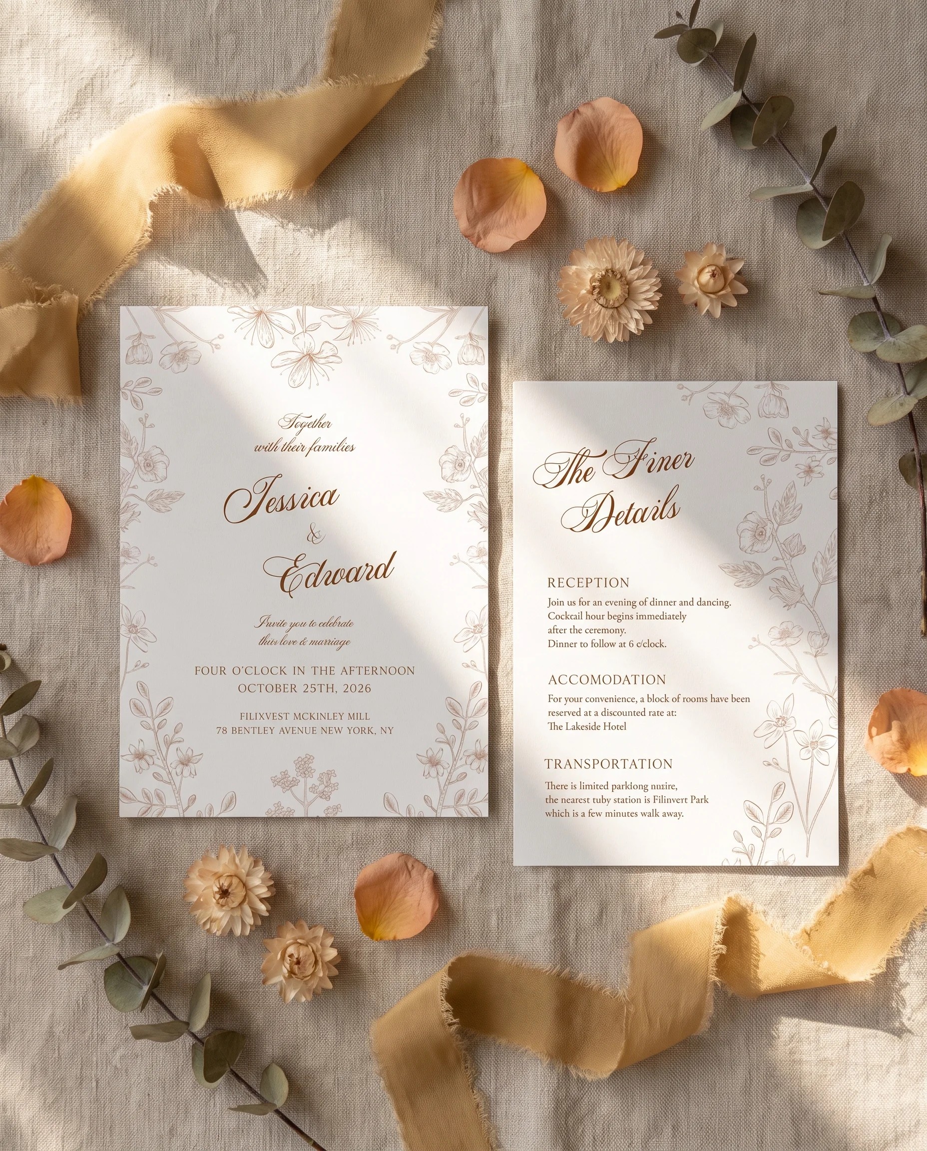 Petalcrest wedding invitation suite — invitation and details card arranged together in a flat lay under soft natural light, wedding details card.
