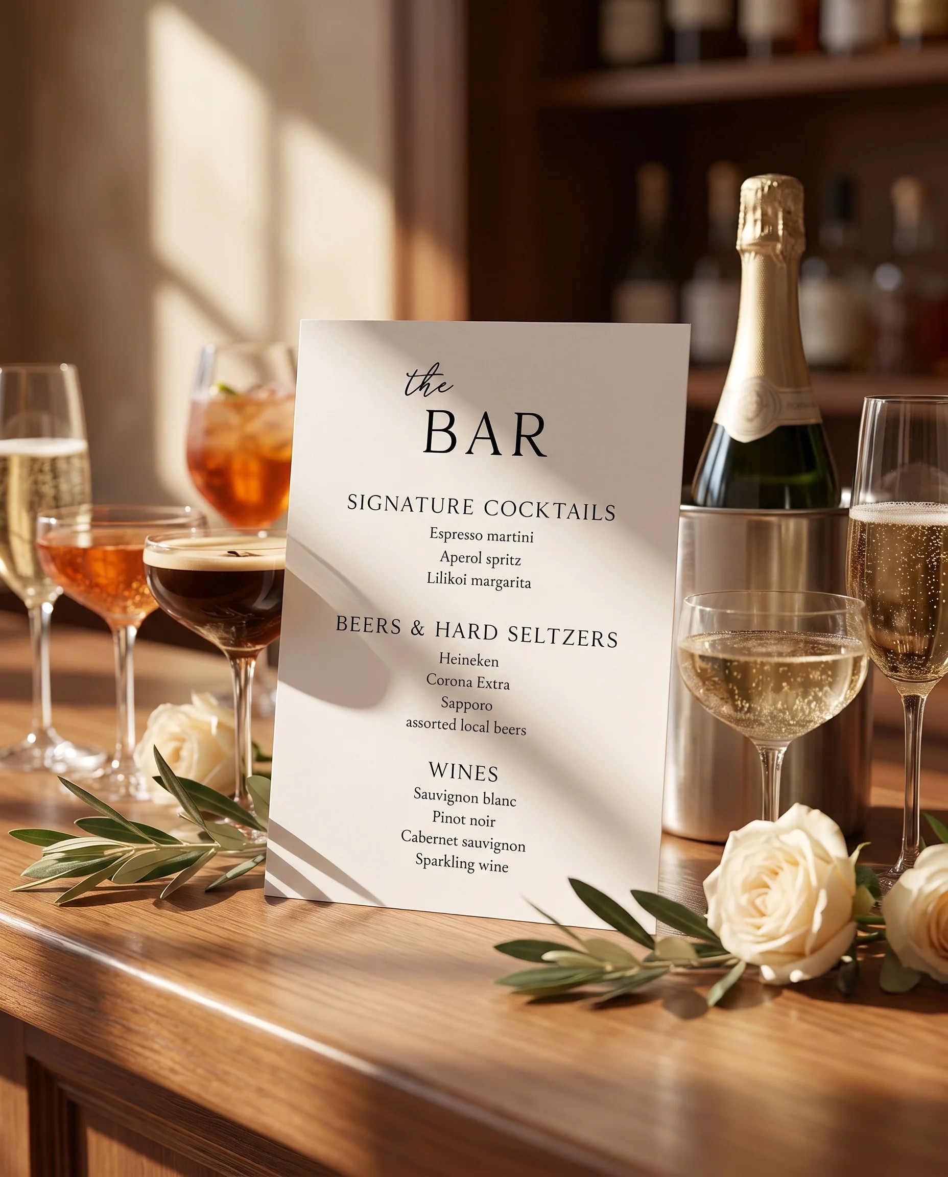 Quiet Line — Bar Menu shown on a drinks station under soft natural light with a slight overhead angle, bar menu template.