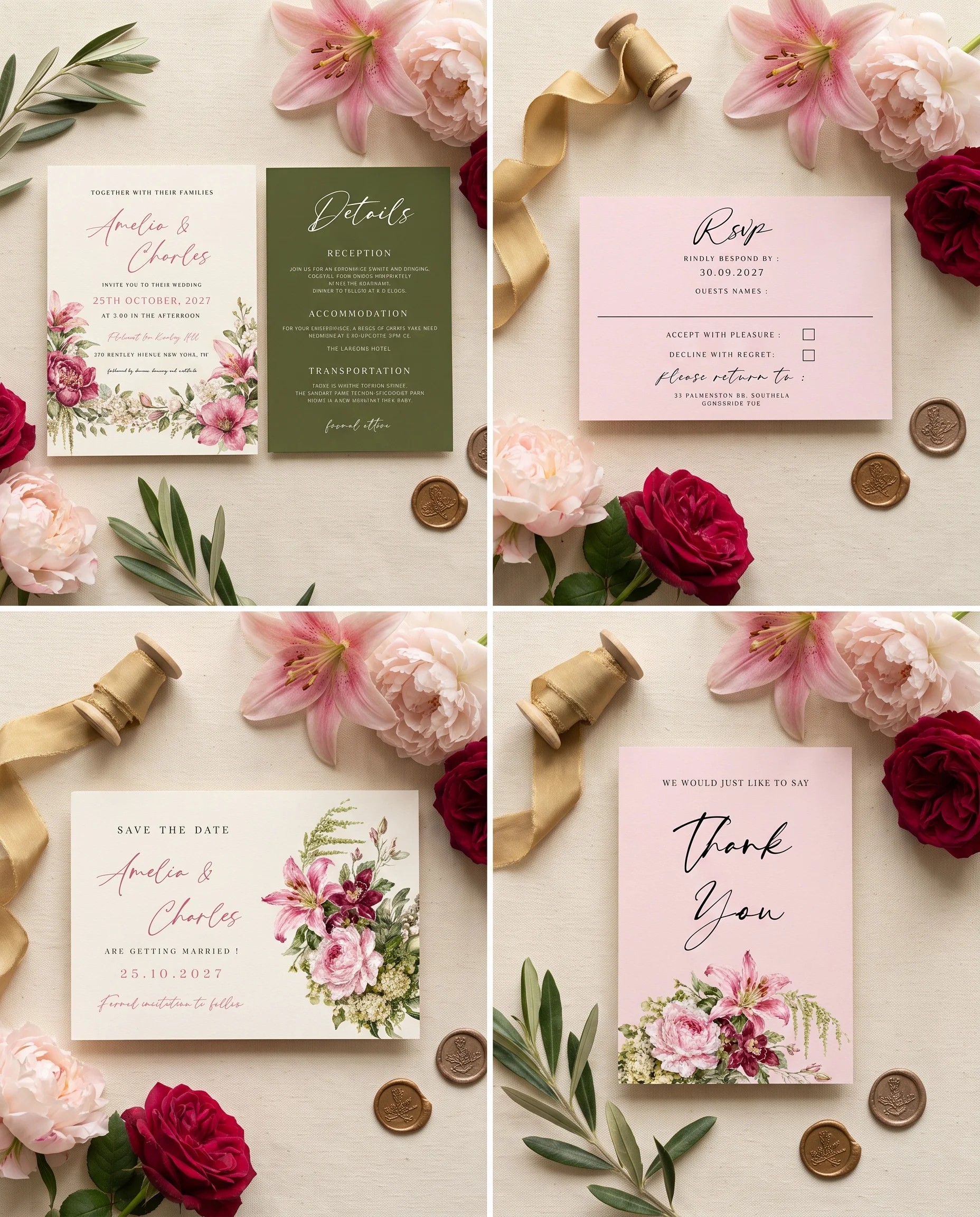 Rosevale wedding invitation set — Invitation, details card, RSVP, save the date and thank you card shown in a flat lay, wedding invitation suite