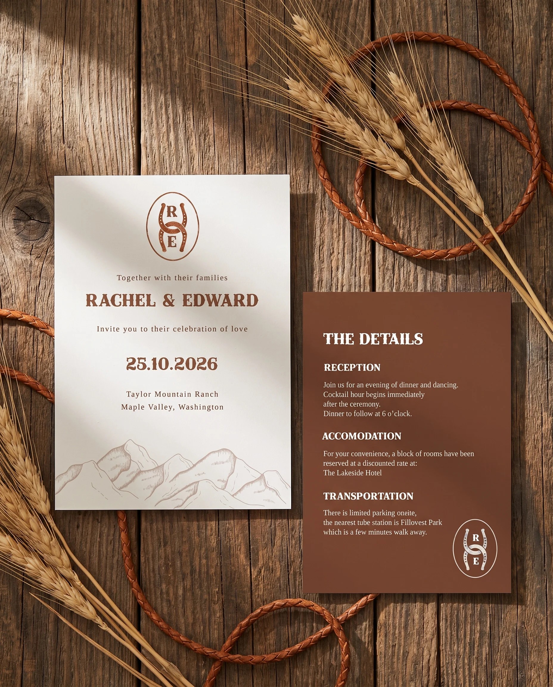 Saddle Crest wedding invitation suite — invitation and details card shown in a flat lay under soft natural light, wedding details card