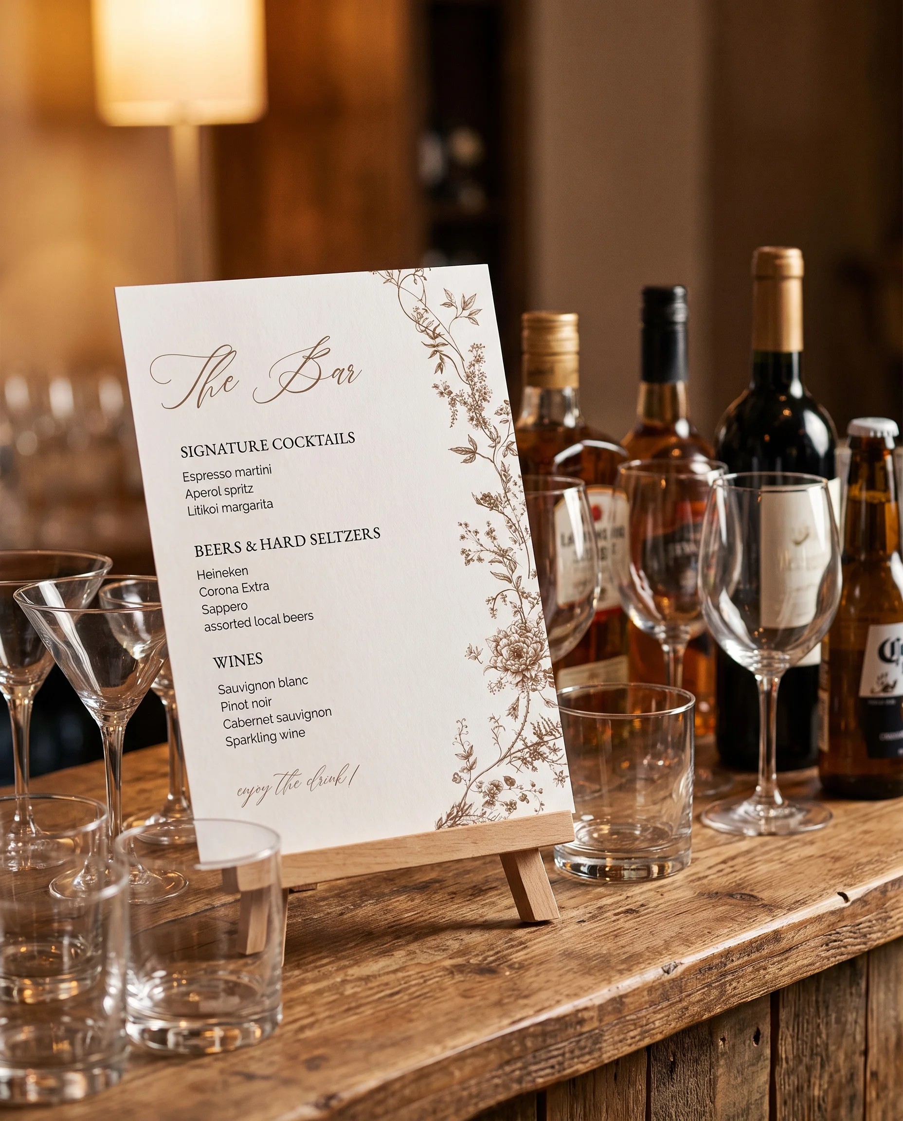 Sepia Crest — single page displayed on a bar or drinks station under soft natural light, bar menu template