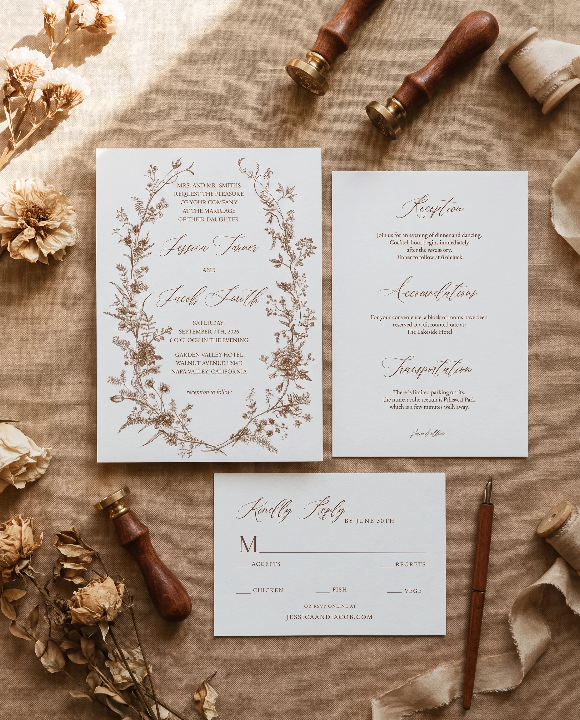 Sepia Crest wedding invitation set — Invitation, details card and RSVP card shown in a flat lay, printable wedding invitations