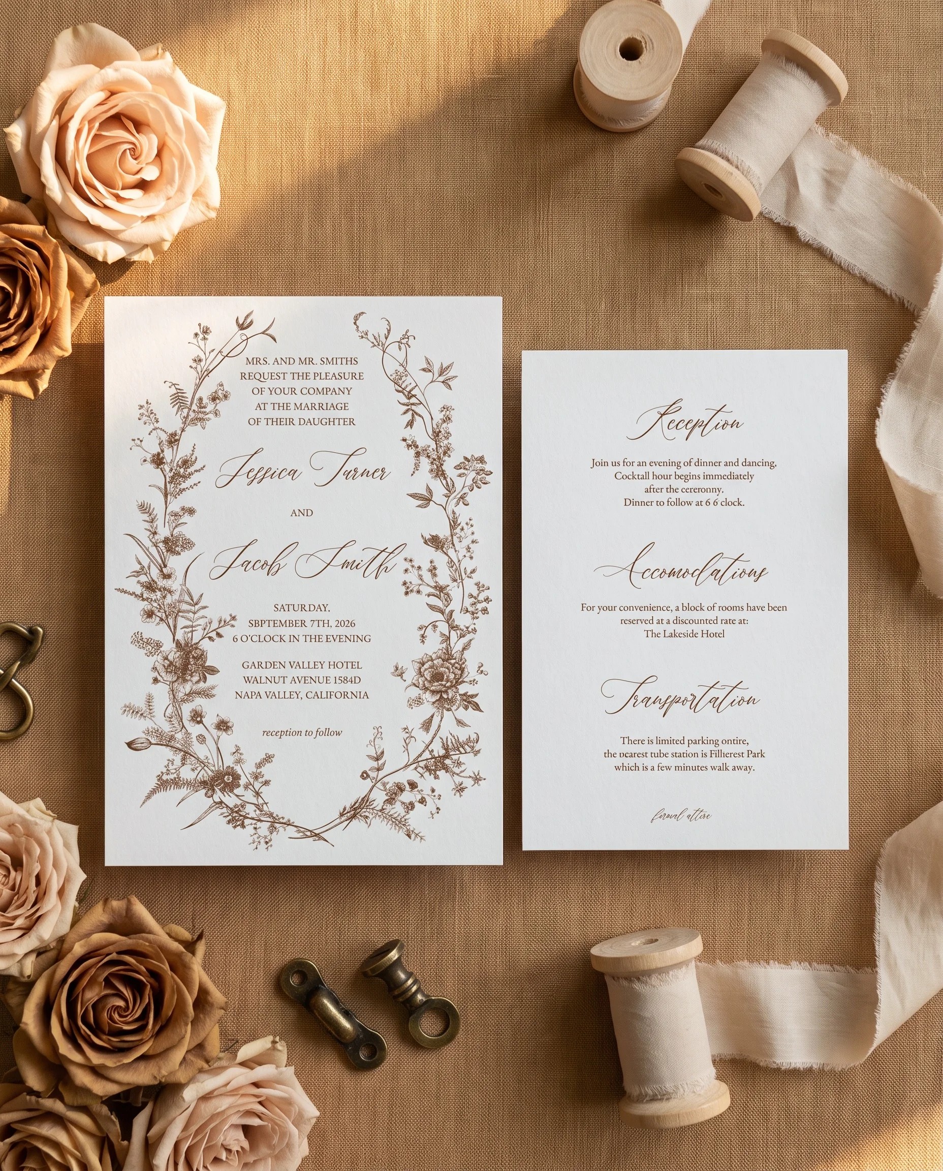 Sepia Crest wedding invitation suite — invitation and details card shown in a flat lay under soft natural light on premium editorial paper, wedding details card.