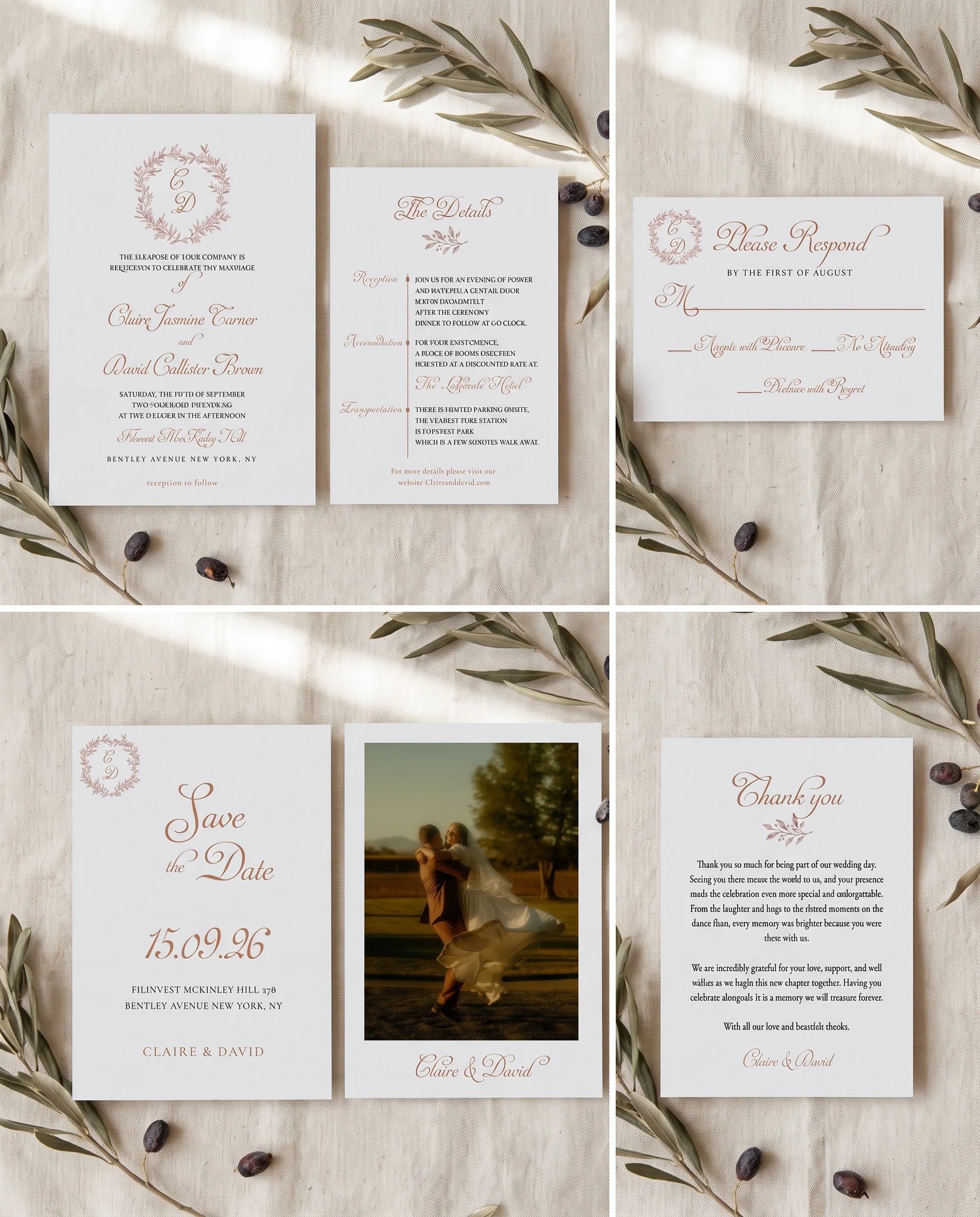 Sepia Sprig wedding invitation set — Invitation, details card, RSVP, save the date and thank you card shown in a flat lay, wedding invitation suite