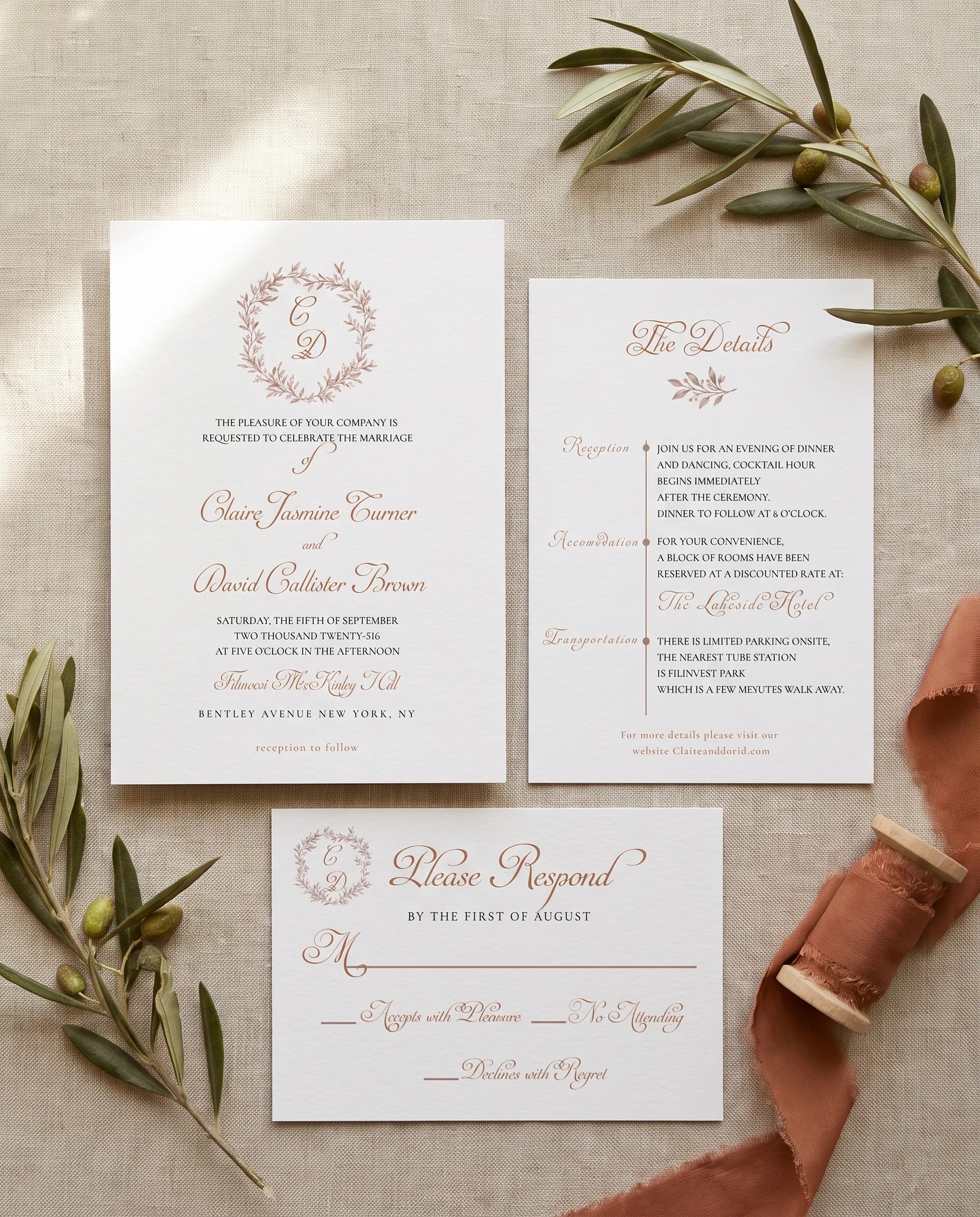 Sepia Sprig wedding invitation suite — invitation, details card and RSVP shown in a flat lay, under soft natural light, wedding invitation templates.