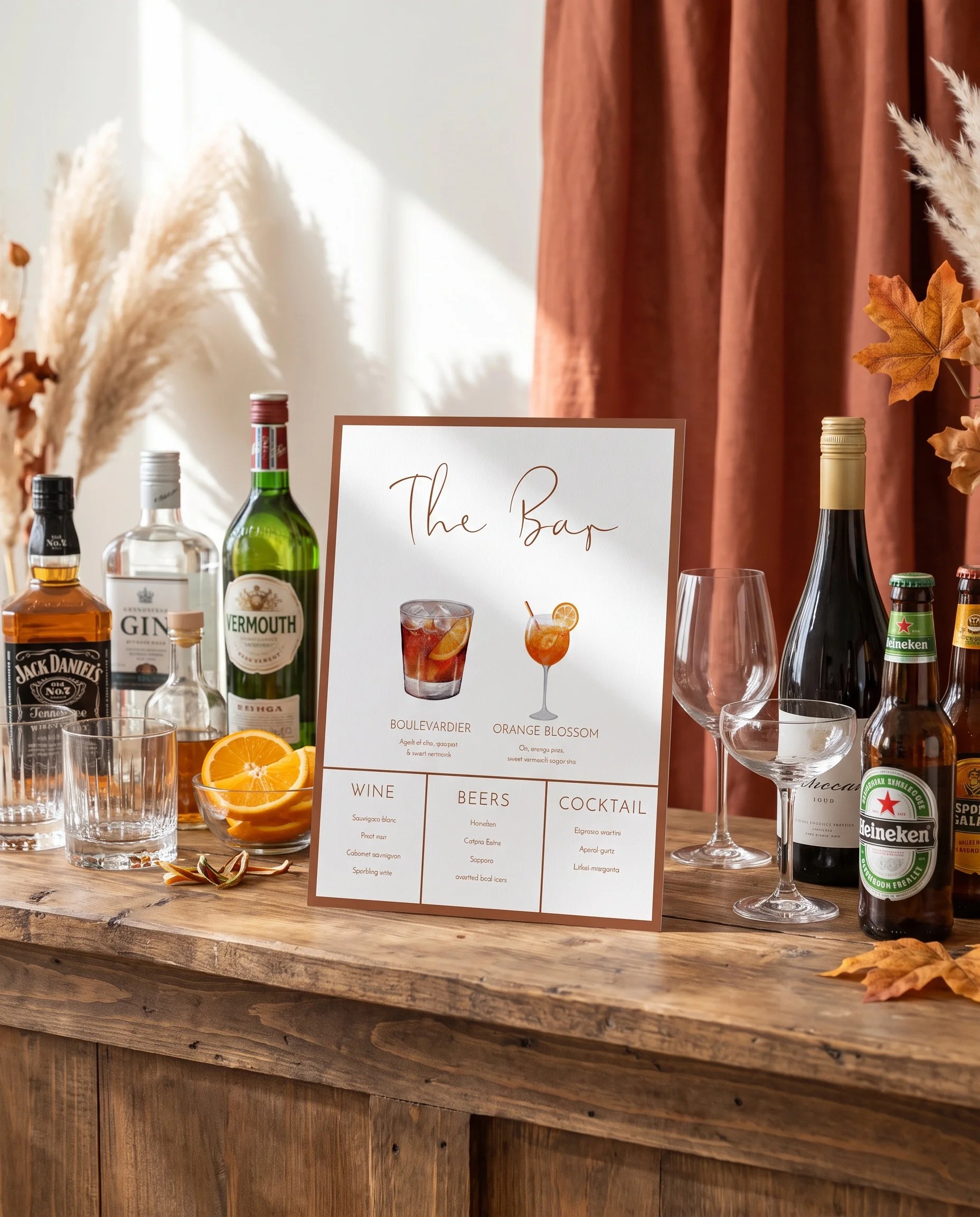 Stevens — bar menu page displayed on a drinks station under soft natural light with a slight overhead angle, bar menu template
