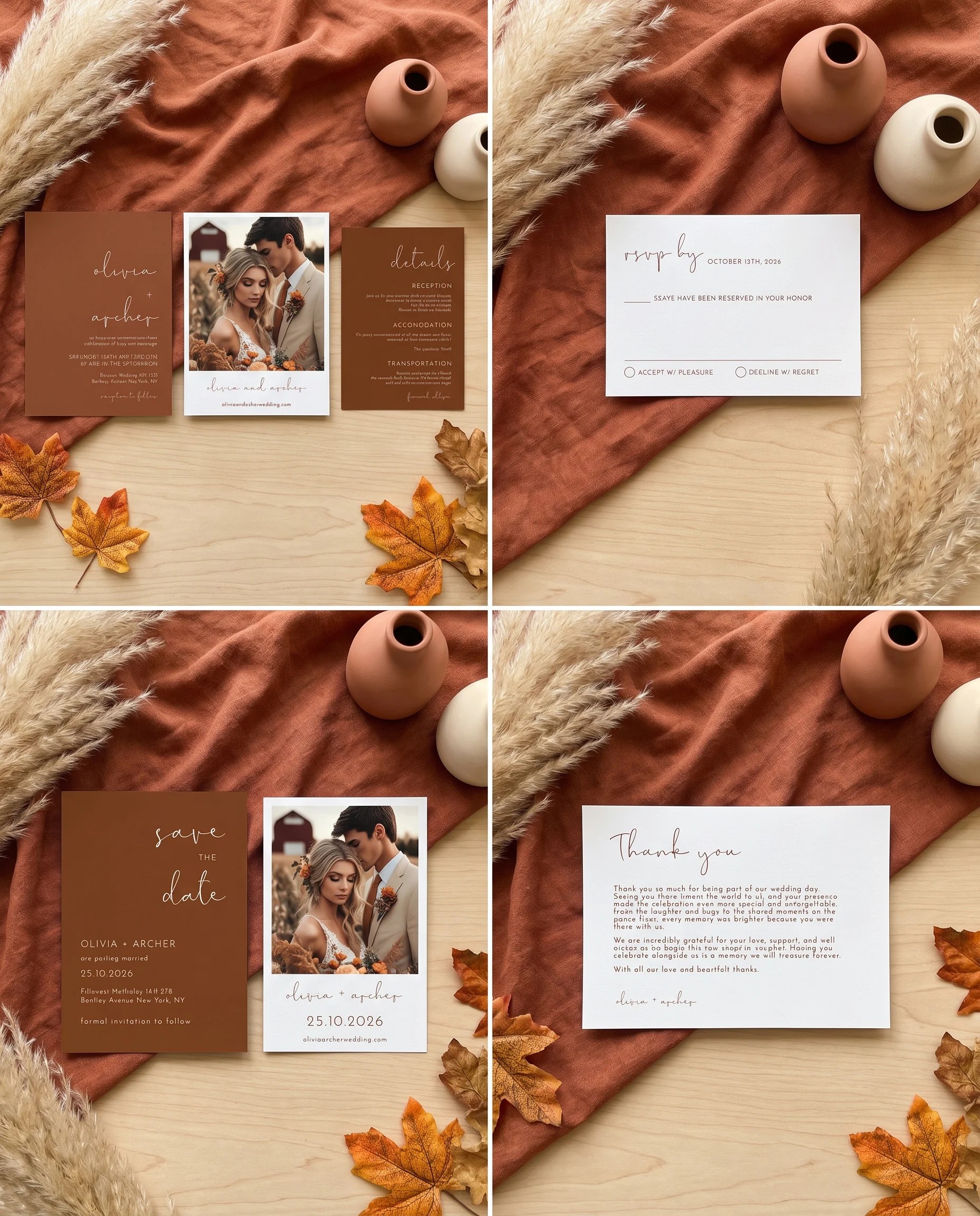Stevens wedding invitation set — invitation, details card, RSVP, save the date and thank you card shown in a flat lay, wedding invitation suite