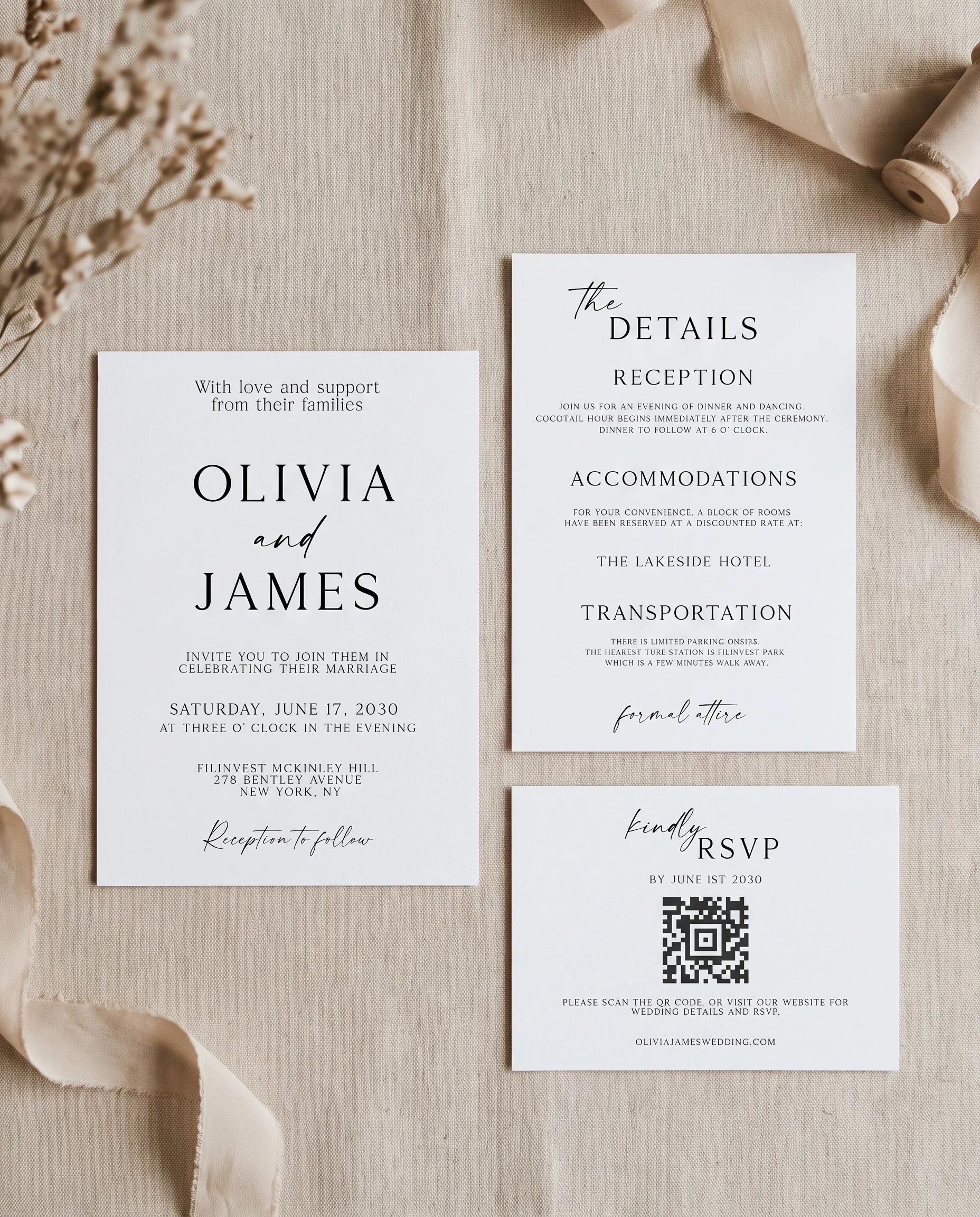 Sunlit wedding invitation set — invitation, details card, RSVP card, printable wedding stationery template
