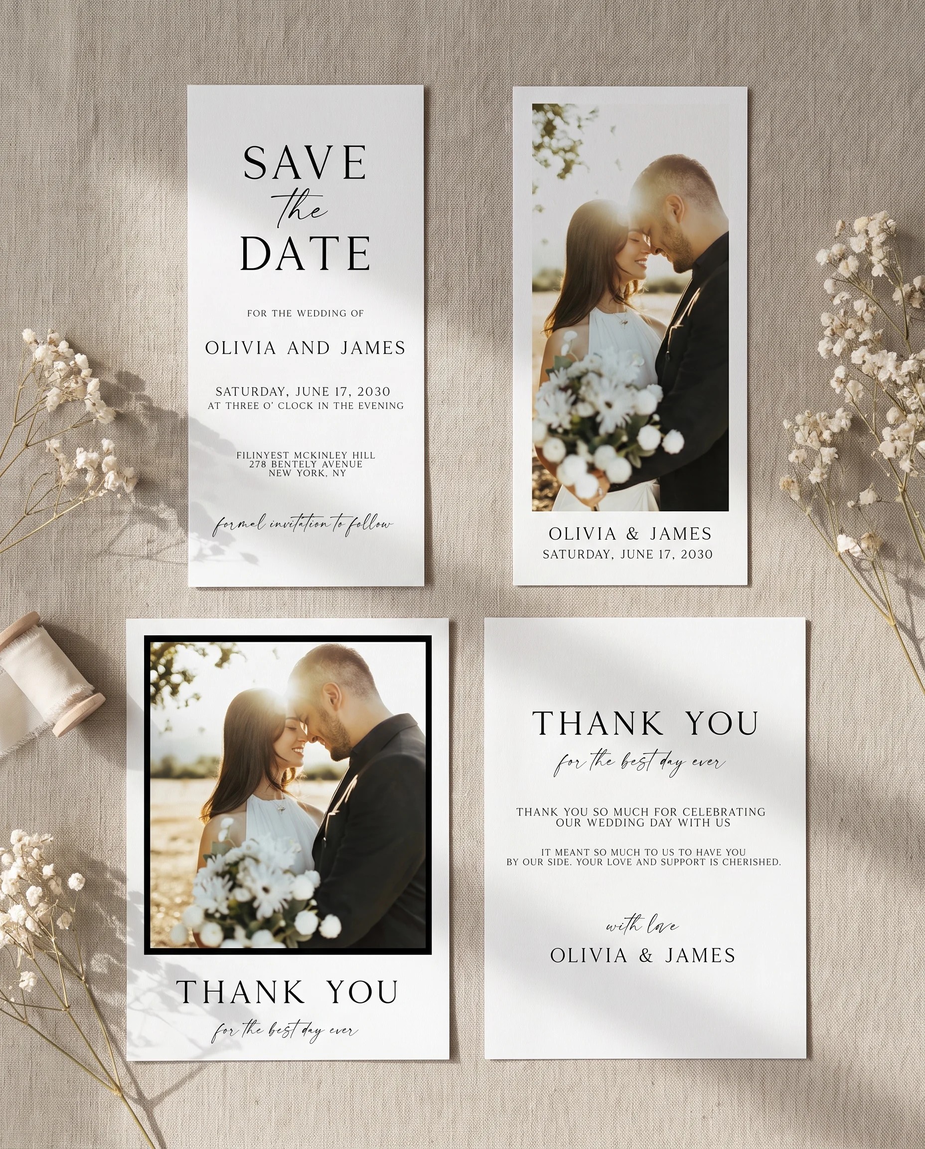 Sunlit wedding invitation set — invitation, details card, RSVP card, and thank you card, printable wedding stationery template