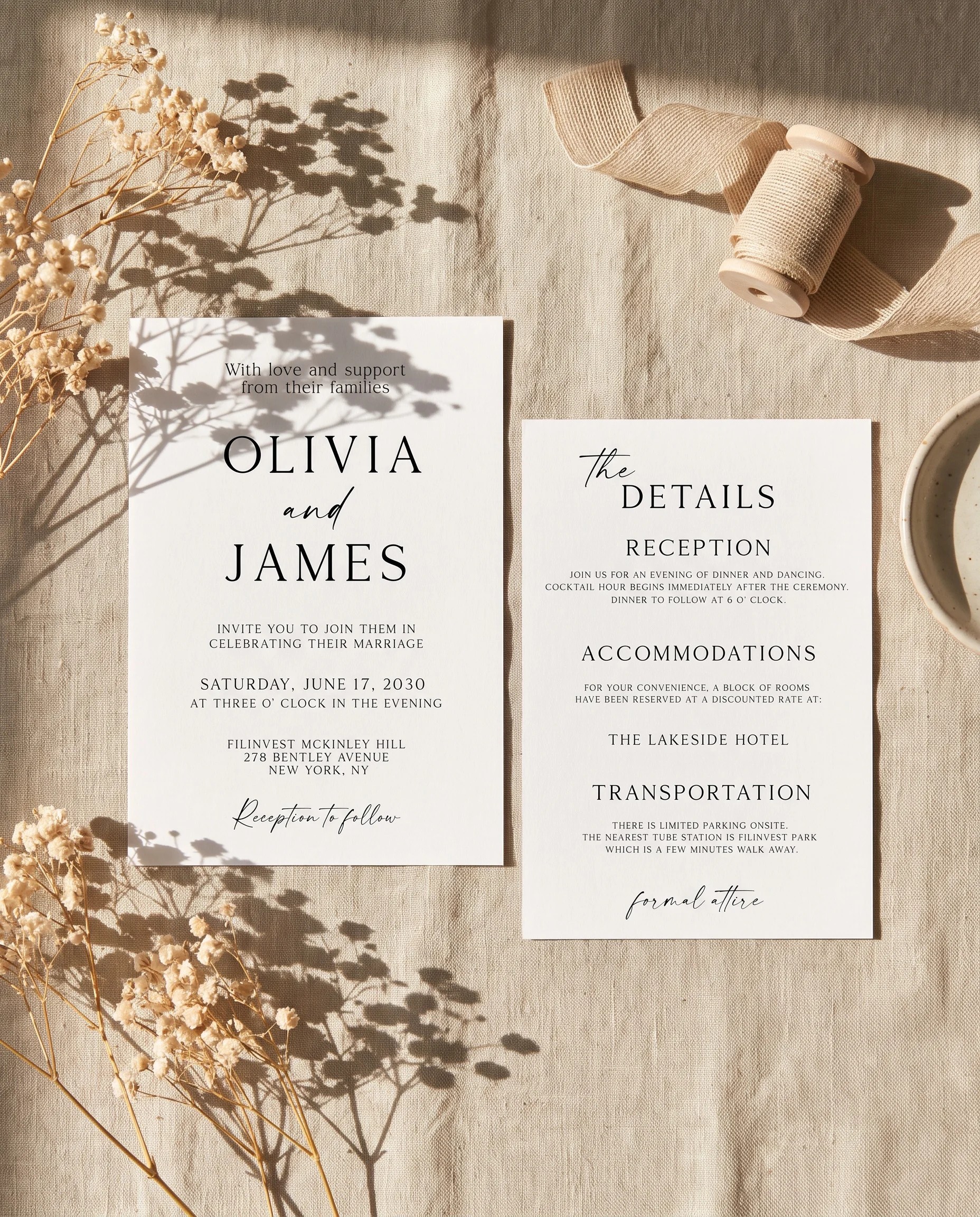 Sunlit wedding invitation suite — invitation and details card arranged in an overhead flat lay under soft natural light, wedding details card.