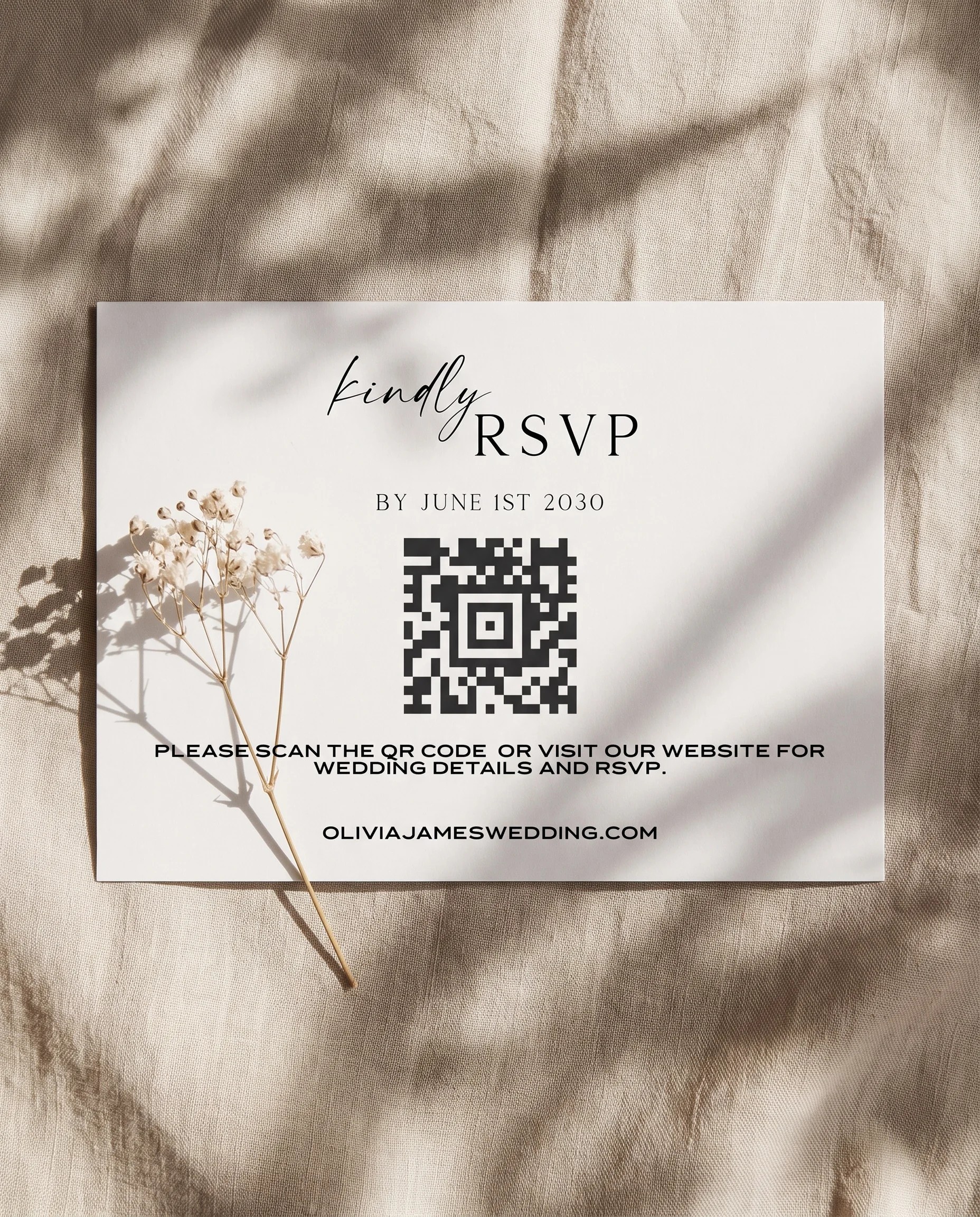 Sunlit wedding invitation suite — RSVP card shown in a flat lay under soft overhead light, wedding RSVP cards.