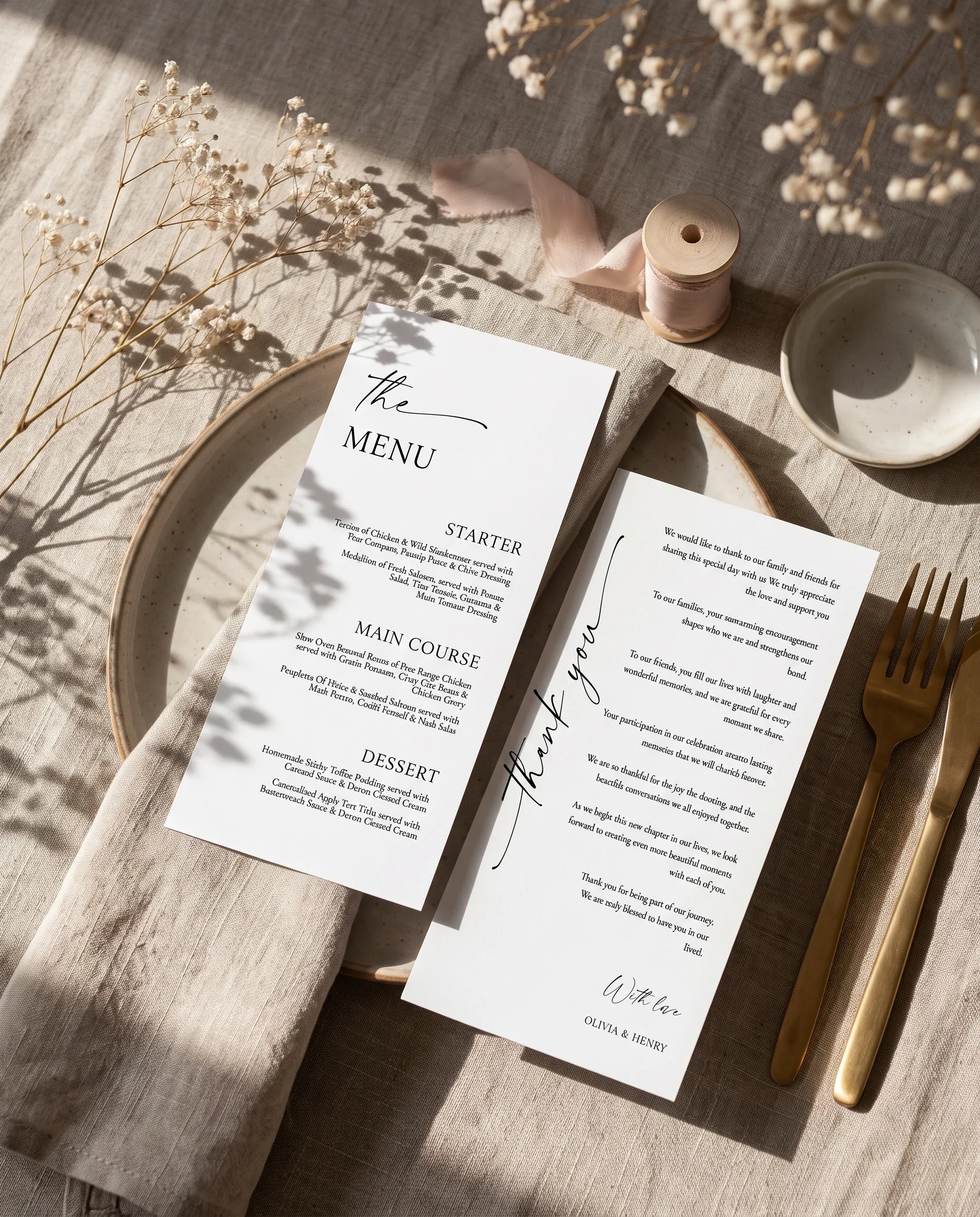Sunlit wedding menu — two menu pages on a set place setting under soft natural light, captured at a slight overhead angle, wedding menu cards