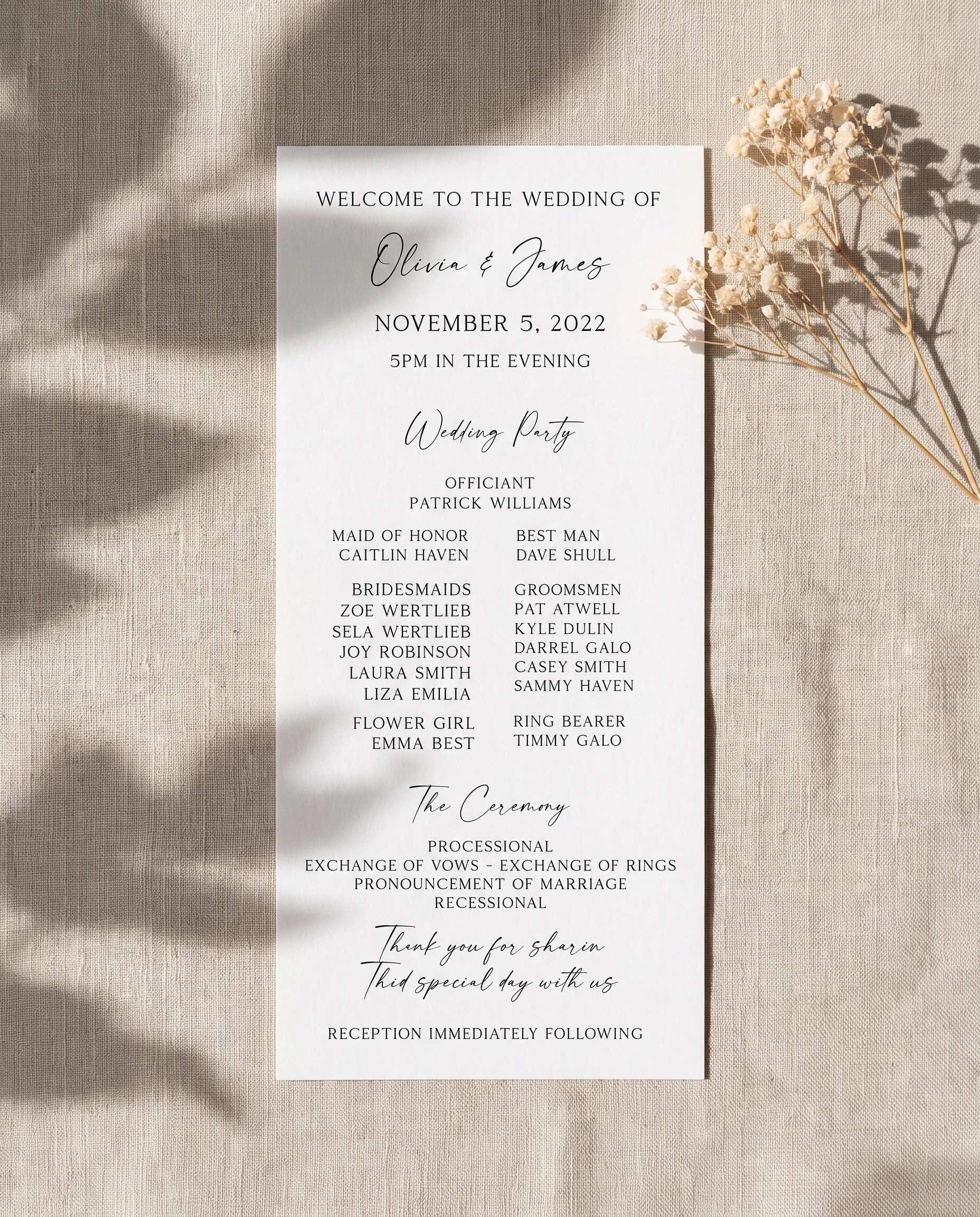 Sunlit wedding program — flat lay view of the front page under soft natural light, wedding programs