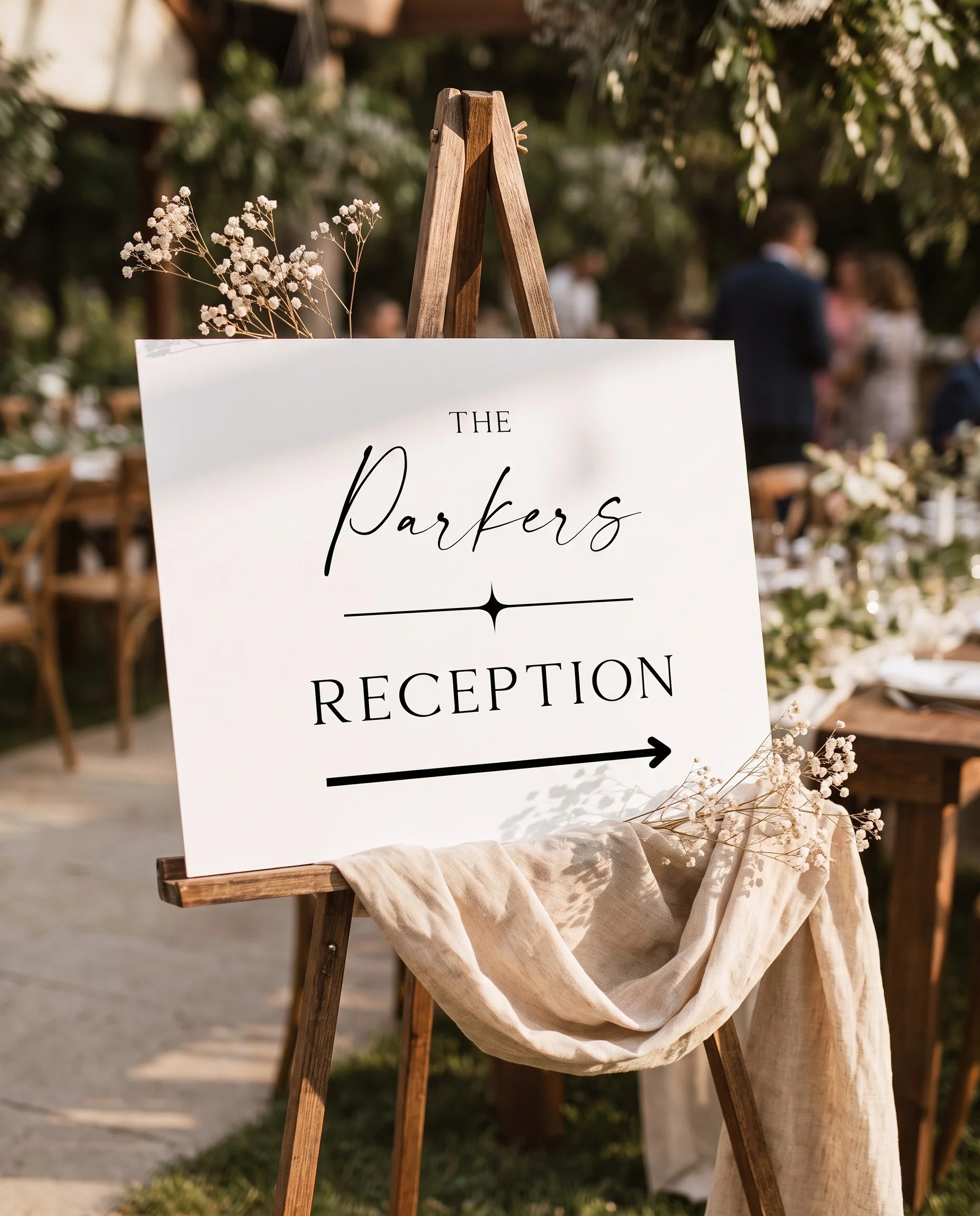 Sunlit wedding reception sign — displayed at a reception entrance under soft natural light, wedding signs.