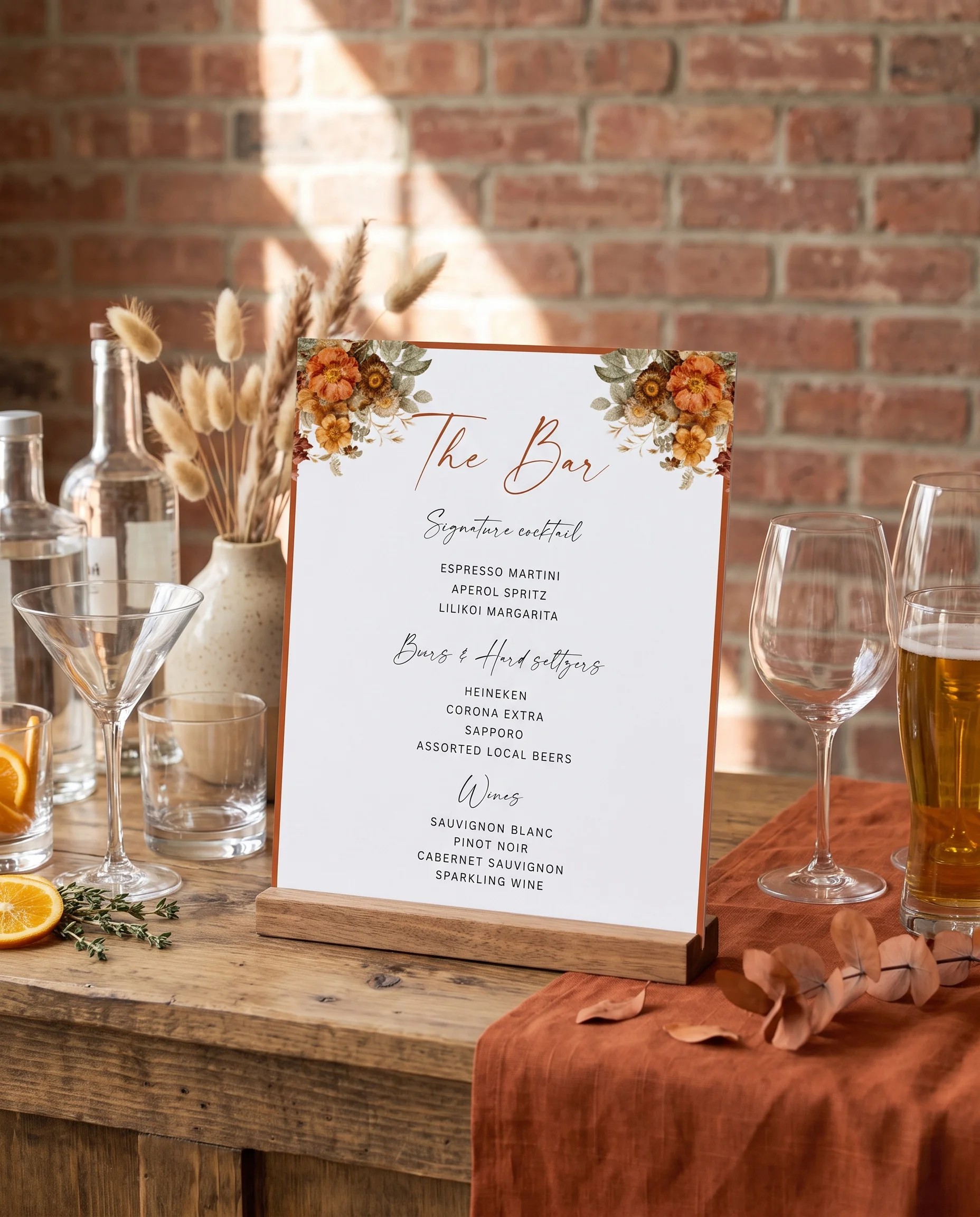 Terracotta Crown — bar menu page displayed on a drinks station under soft natural light, bar menu template