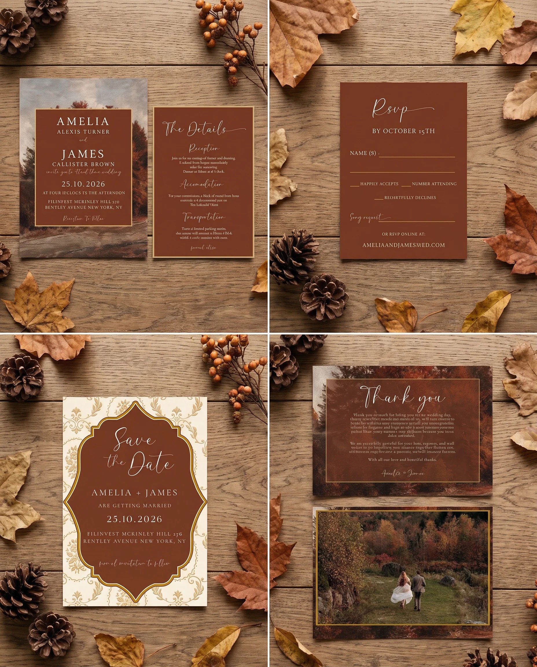 Timberline Reverie wedding invitation set — Invitation, details card, RSVP, save the date and thank you card shown in a flat lay, wedding invitation suite