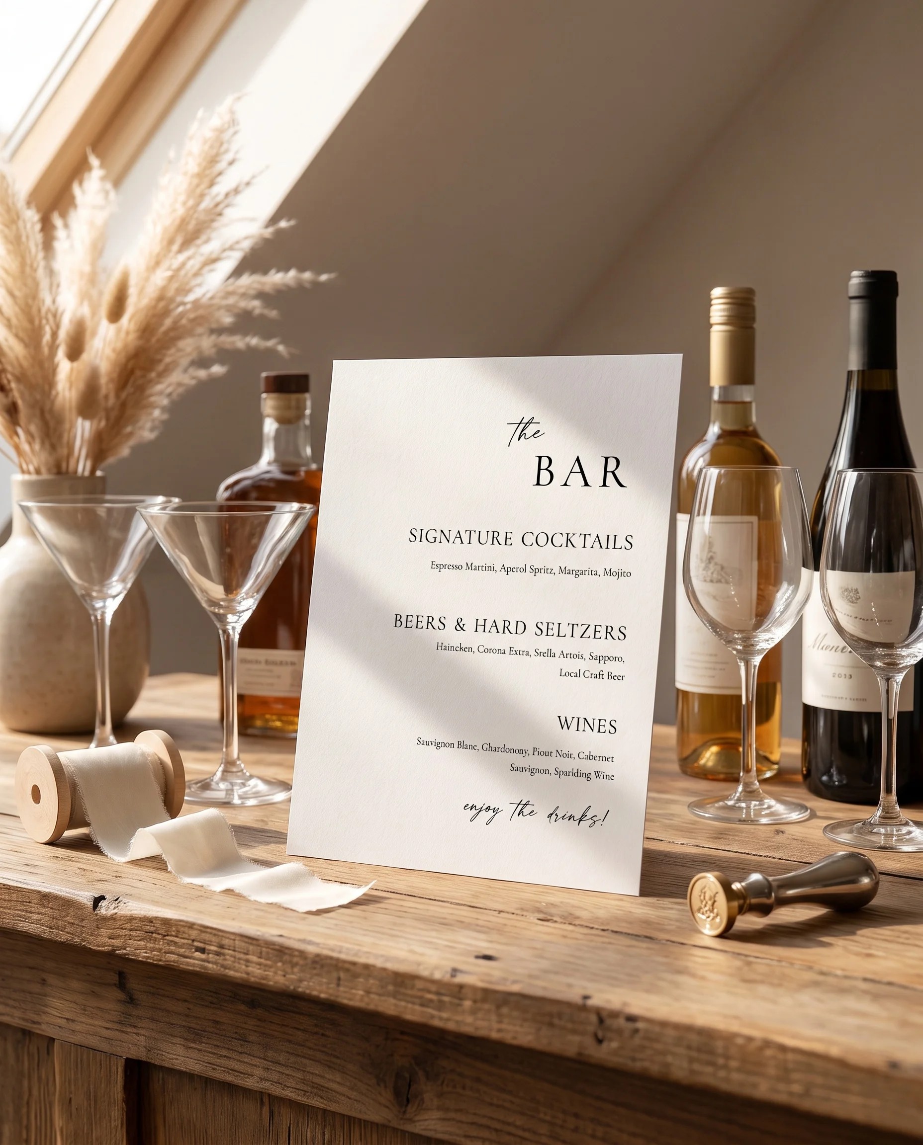 Tonal Reply — Bar Menu single page displayed on a drinks station under soft natural light, bar menu template