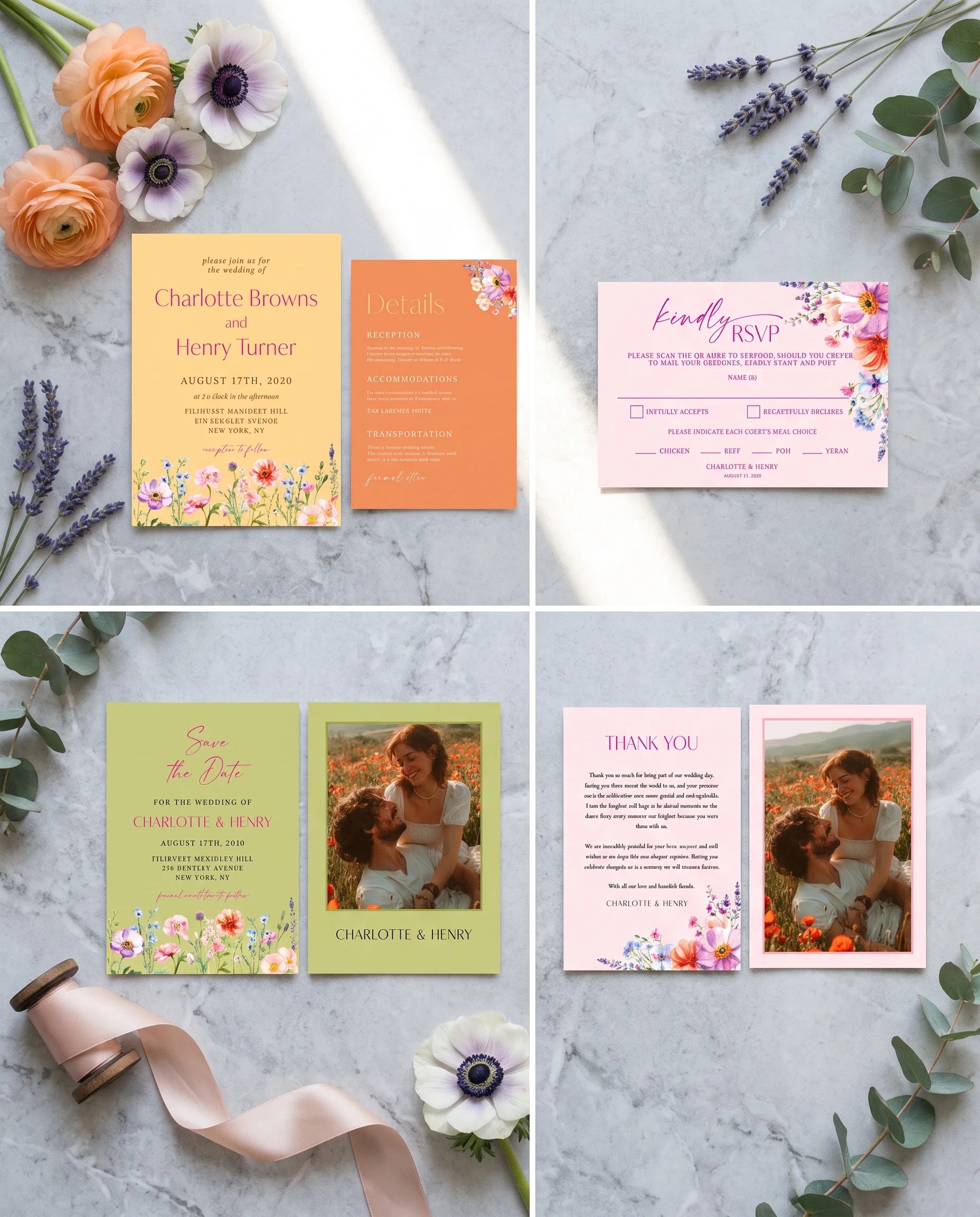 Wildmeadow wedding invitation set — invitation, details card, RSVP, save the date and thank you card in a flat lay, wedding invitation suite.