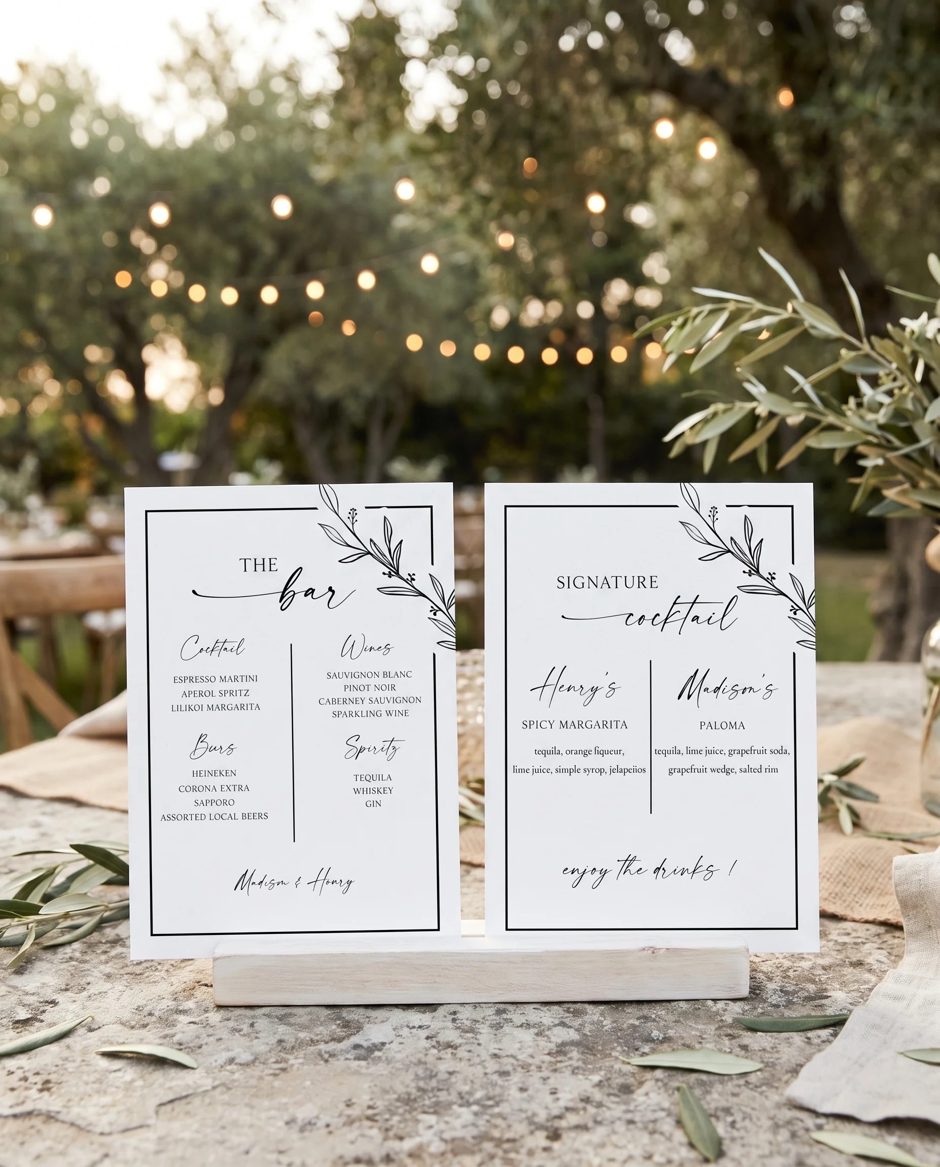 Willow Script — bar menu displayed upright in a styled setting under soft natural light at a slight overhead angle, wedding bar sign.