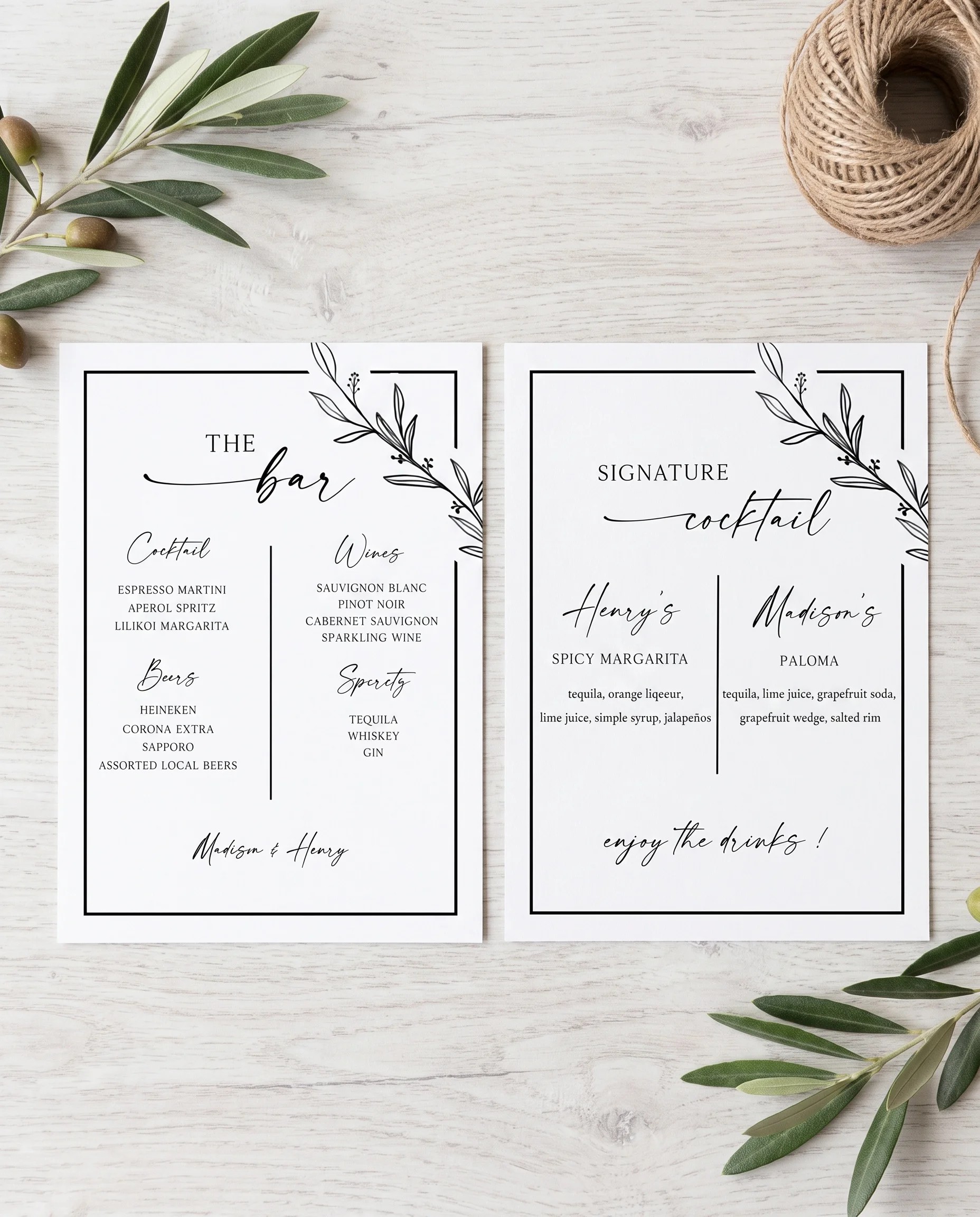 Willow Script — flat lay of both bar menu pages under soft natural light at a slight overhead angle, wedding bar menu