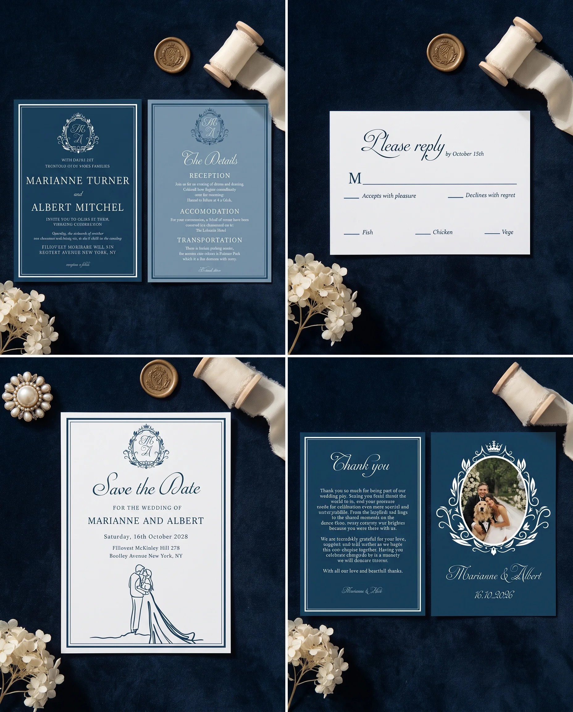 Windsor Crown wedding invitation set — Invitation, details card, RSVP, save the date and thank you card shown in a flat lay, wedding invitation suite