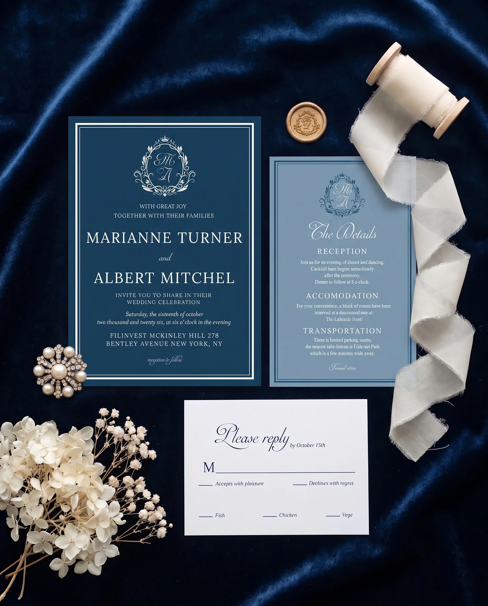 Windsor Crown wedding invitation suite — invitation, details card and RSVP shown in a flat lay, wedding invitation templates.