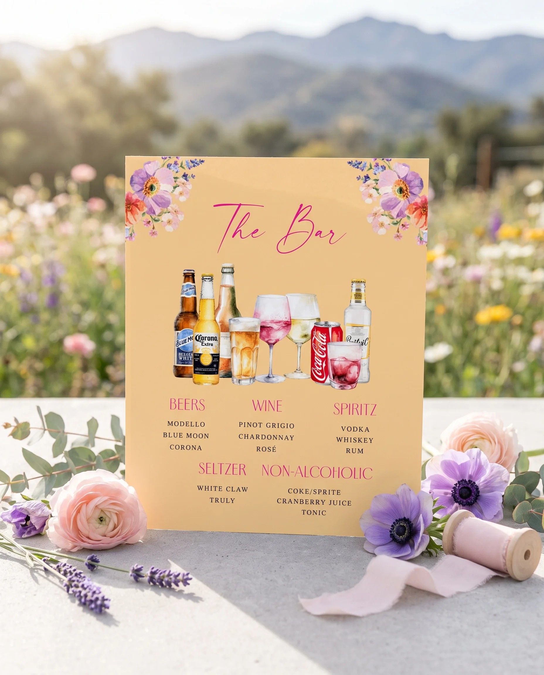 Wildmeadow Bouquet — bar menu displayed upright on premium editorial paper under soft natural light at a slight overhead angle, wedding bar sign.