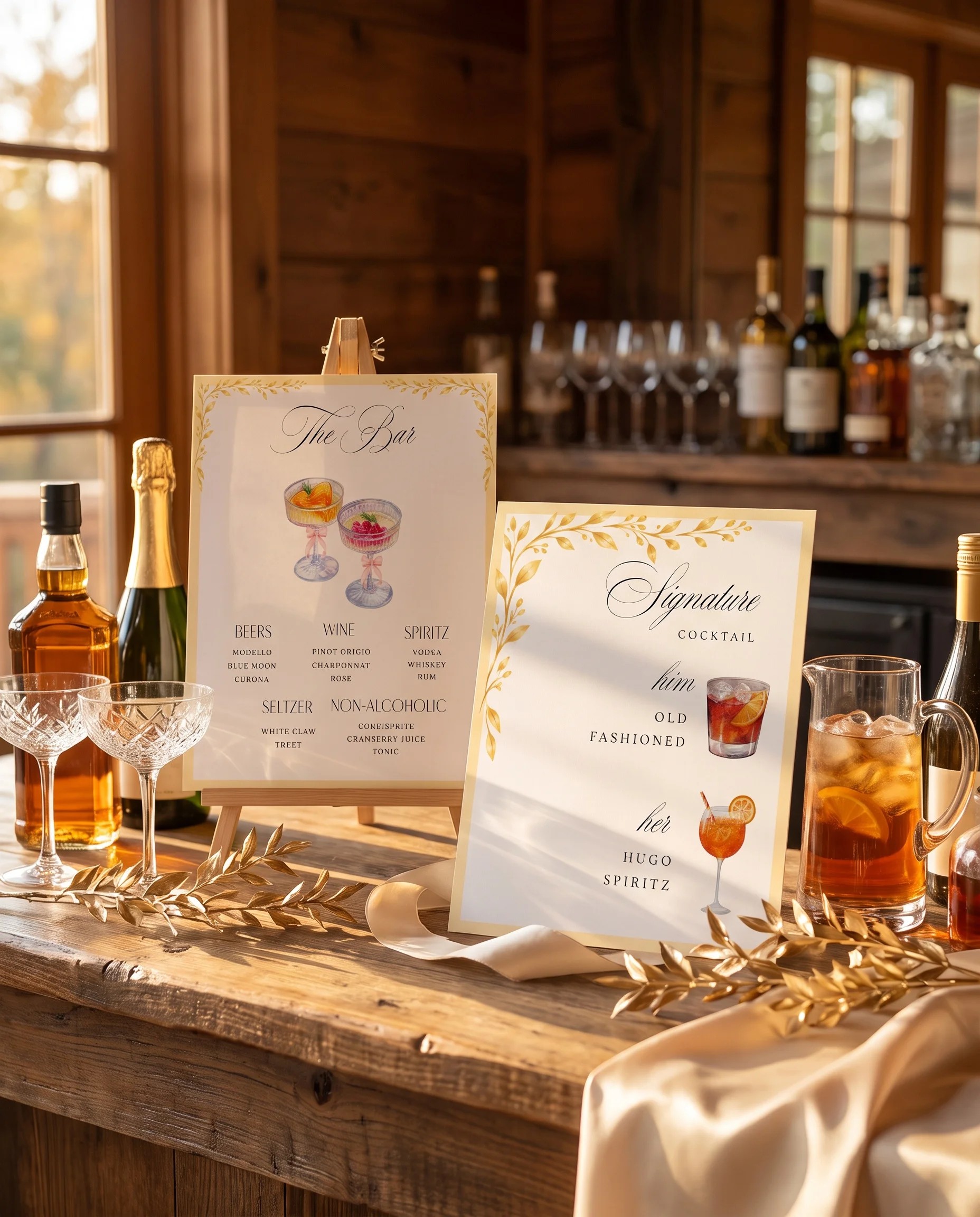 Gilded Bough — two bar menu pages displayed on a drinks station under soft natural light, bar menu template.