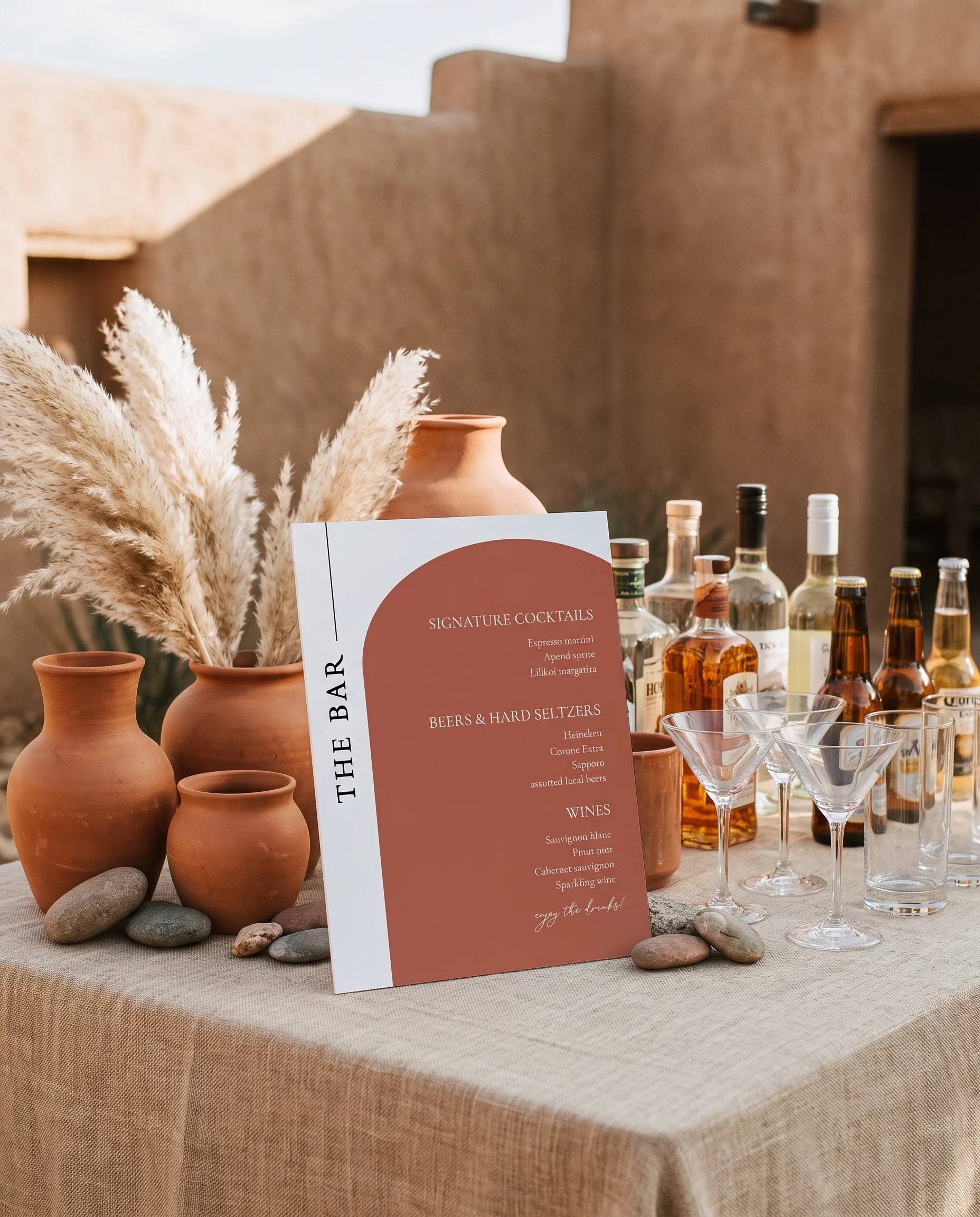 Desert Bloom — bar menu page displayed on a drinks station under soft natural light at a slight overhead angle, bar menu template