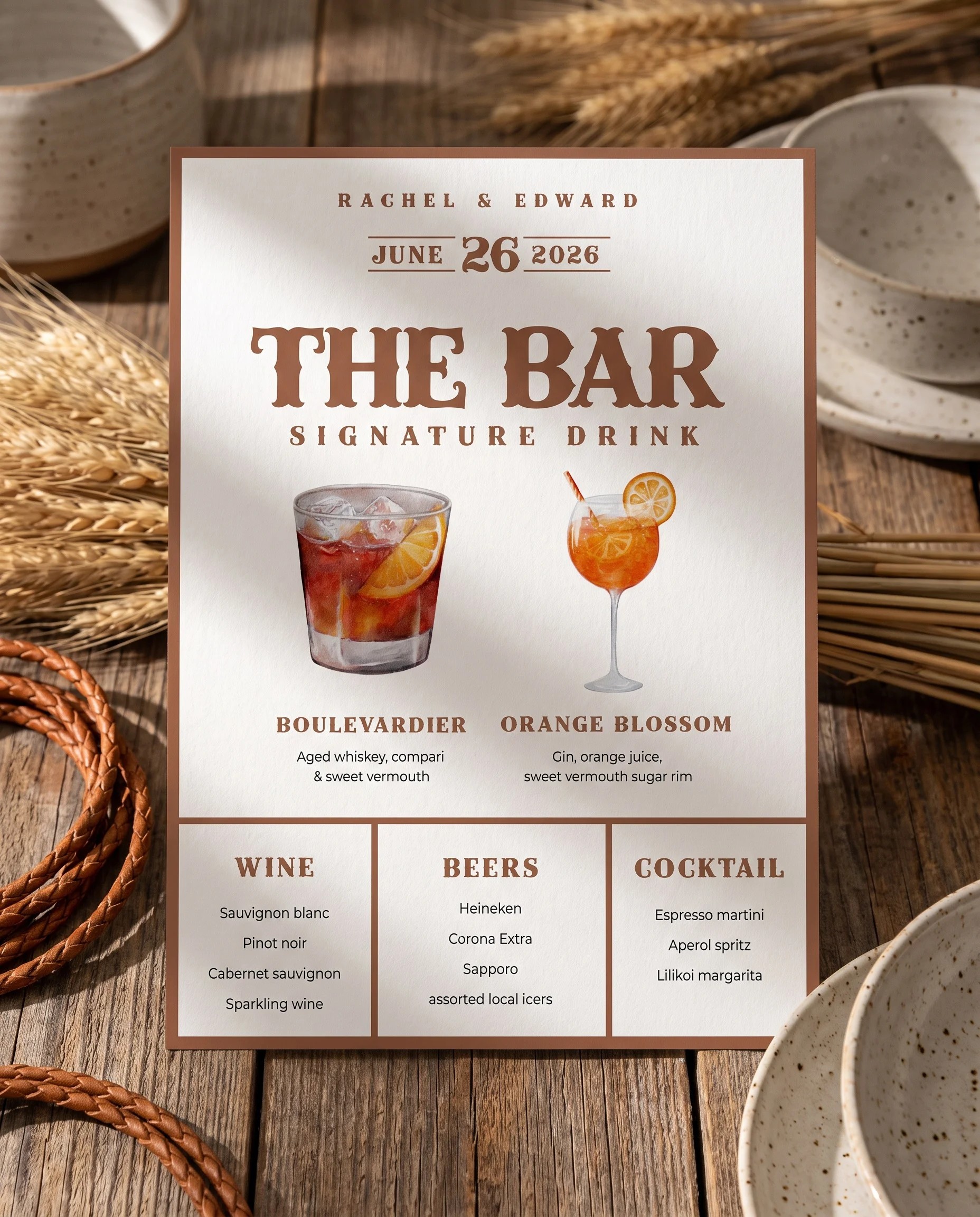 Saddle Crest — bar menu page displayed upright in a styled setting under soft natural light, wedding bar sign.