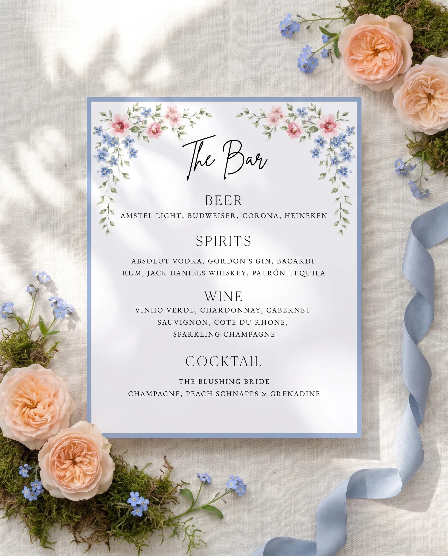 Meadow Spire — single page bar menu shown flat under soft natural light at a slight overhead angle, wedding bar menu