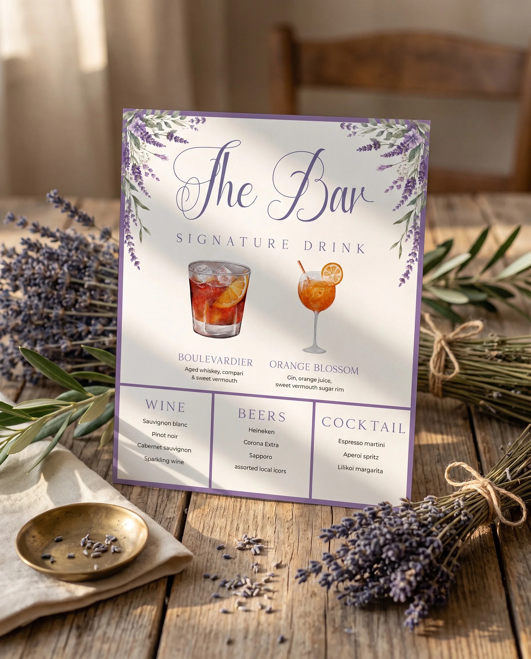 Provence Fields — bar menu page displayed upright in a styled setting under soft natural light, wedding bar sign.
