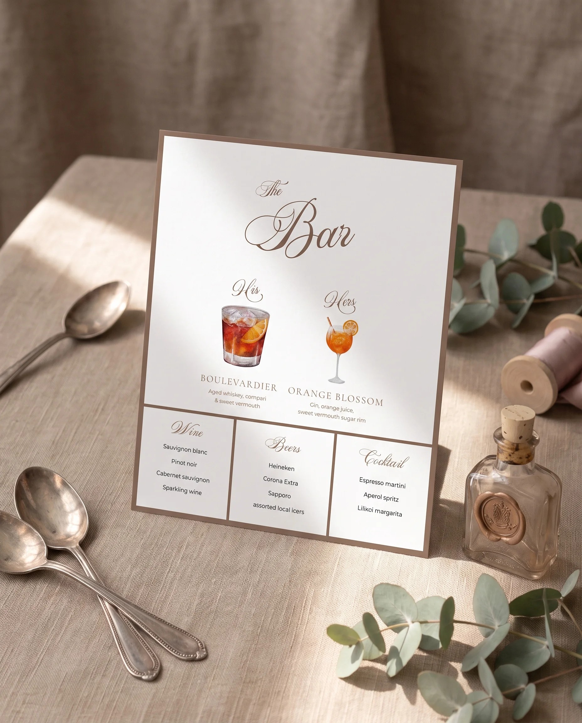 Hinge Script — bar menu displayed upright on premium editorial paper under soft natural light, slight overhead angle, wedding bar sign.